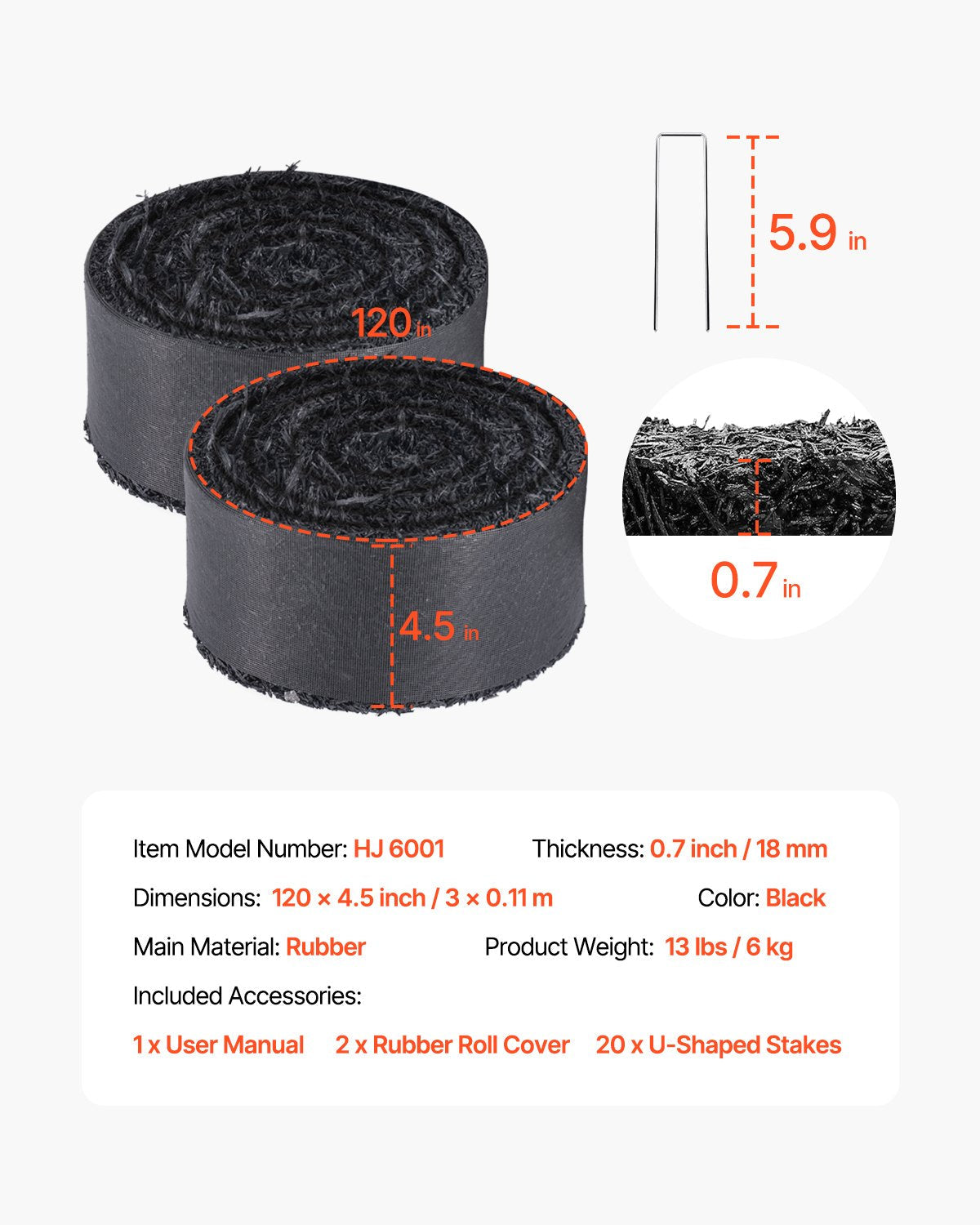 VEVOR 2 Rolls Rubber Mulch Roll for Landscaping 120 x 4.5in Rubber Mulch Mat