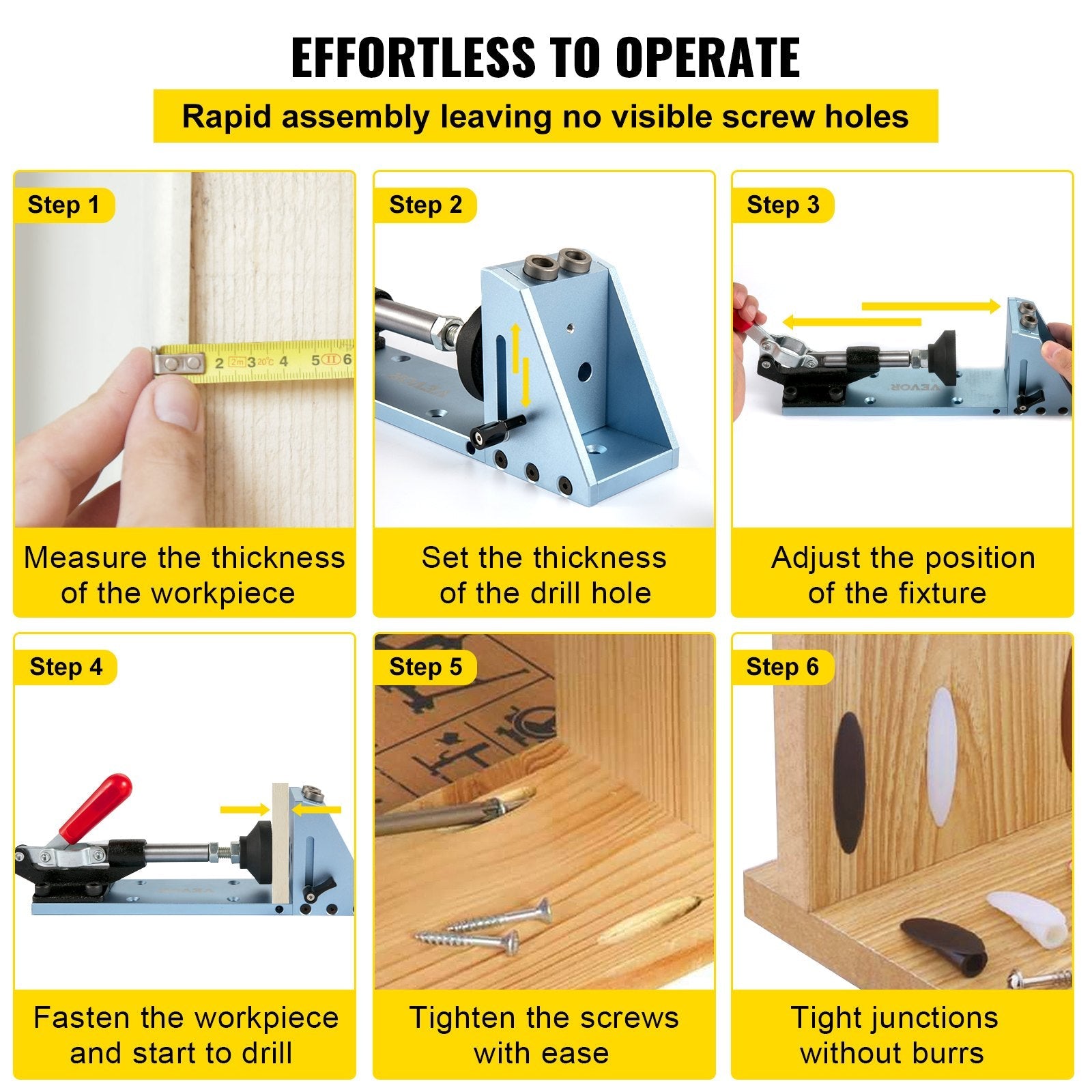 VEVOR Pocket Hole Jig Kit, M4 Adjustable & Easy to Use Joinery Woodworking System, Professional and Upgraded Aluminum, Wood Guides Joint Angle Tool w/Drill Bit Hex Key Screws for DIY Carpentry