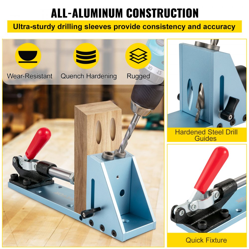 VEVOR Pocket Hole Jig Kit, Professional and Upgraded Aluminum, Adjustable & Easy to Use Joinery Woodworking System, Wood Guides Joint Angle Tool with Clamping Pliers Screw for DIY Carpentry Projects