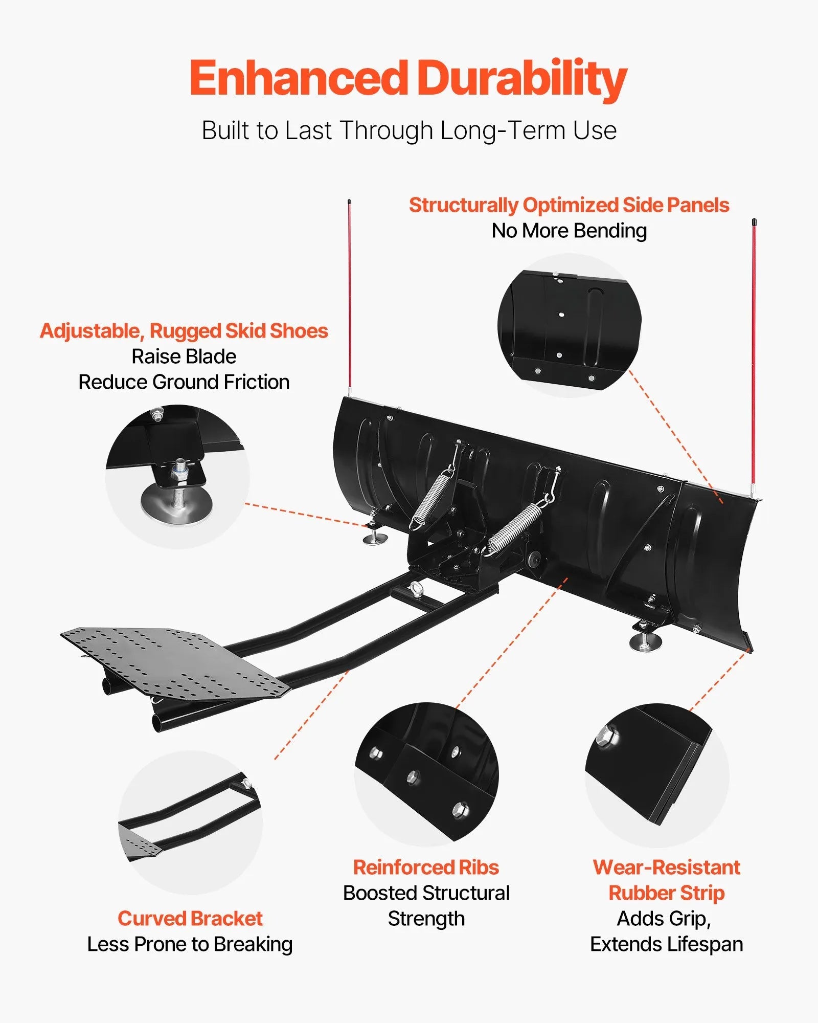 VEVOR Snow Plow Blade, 43 in/60 in Width Adjustable Snow Plow Kit, Easy to Detach, Universal Mount Plowing Attachment with Rubber Flaps, Heavy Duty Steel Blade, Compatible with Most UTV & ATV