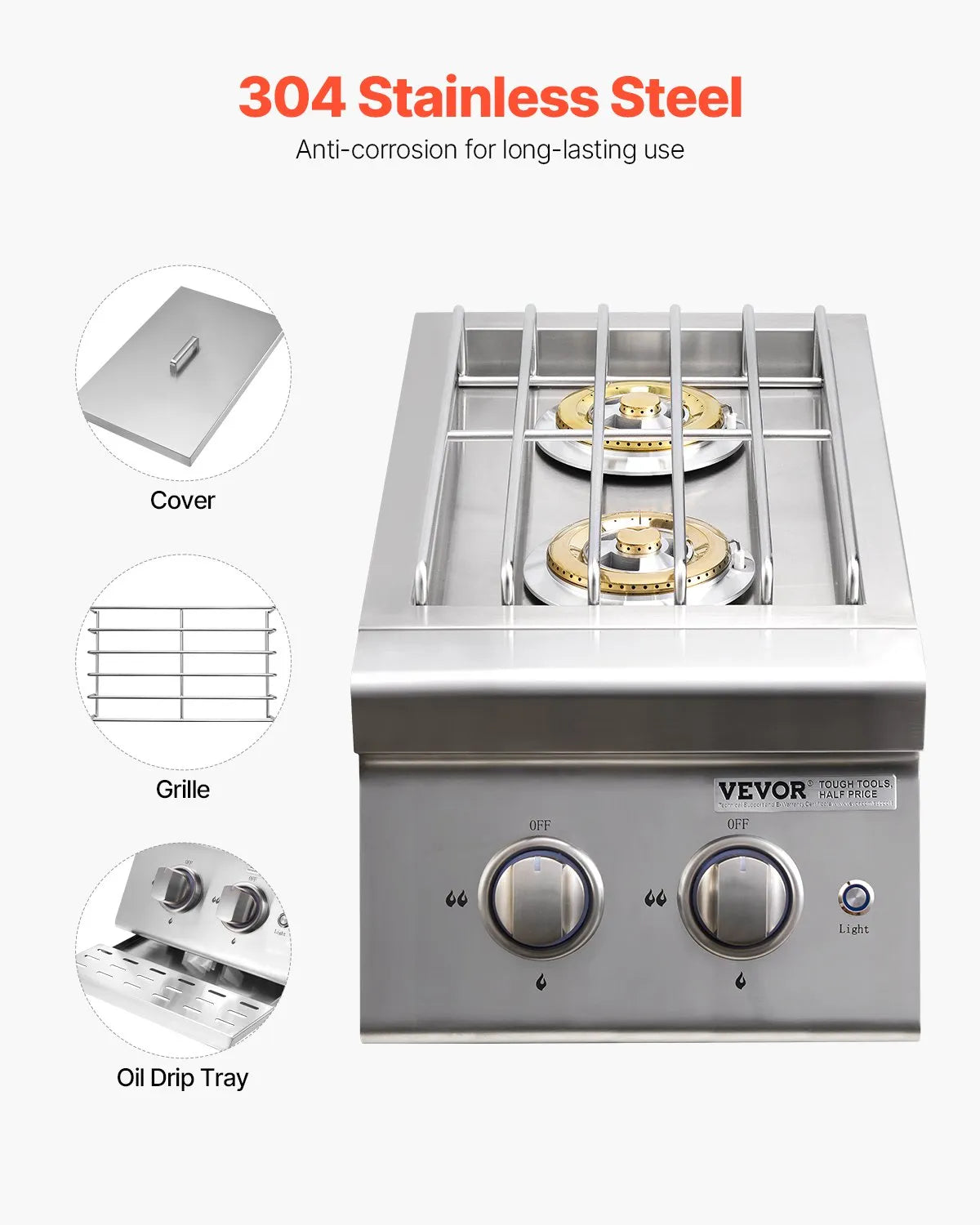 VEVOR Double Grilling Side Burners, 2 x 17,000BTU Liquid Propane Side Burner for Outdoor Kitchen, Convertible to Natural Gas, 304 Stainless Steel Built-in Double Burners with LED for BBQ Grill Island