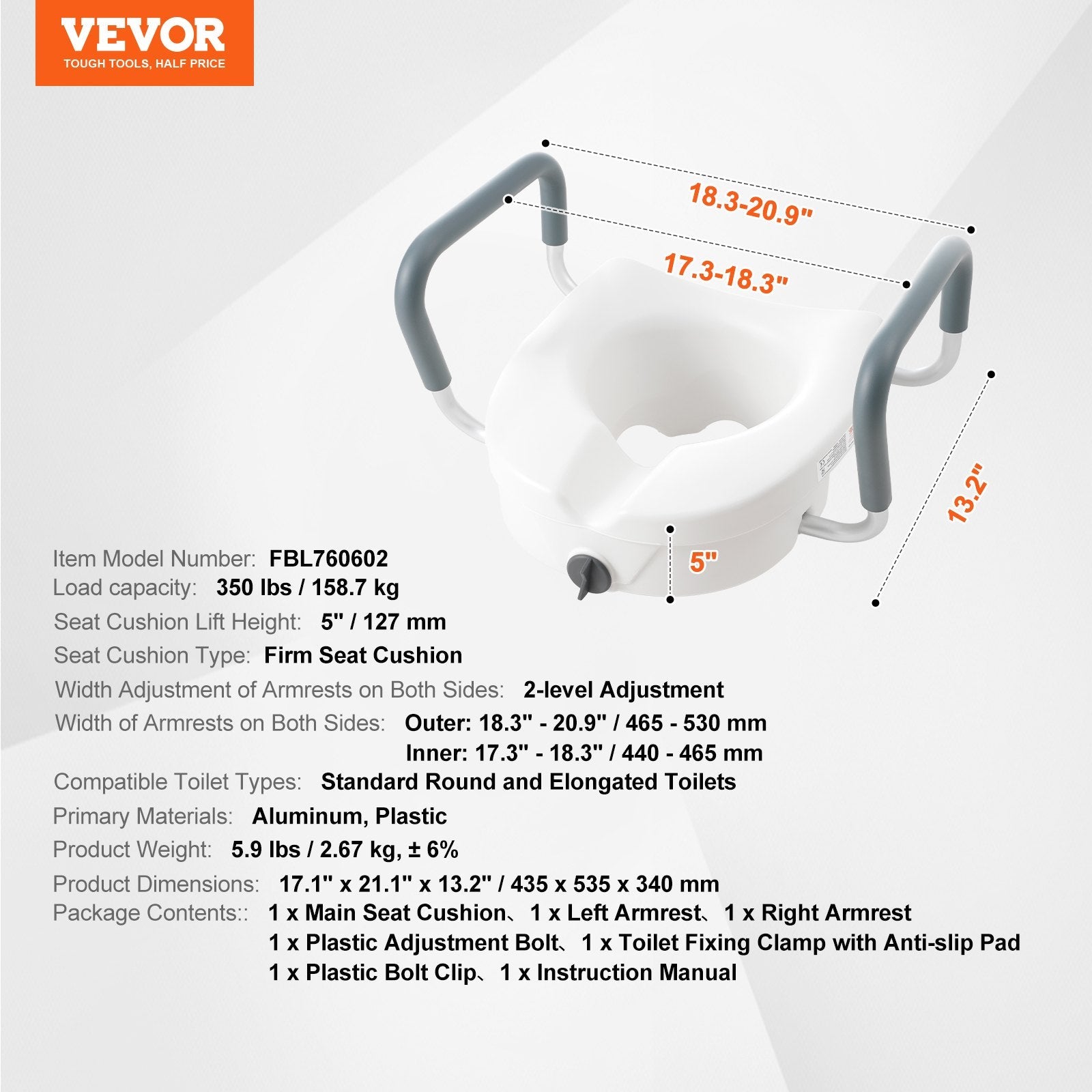 VEVOR Raised Toilet Seat, 5" Height Raised, 350 lbs Weight Capacity, for Round and Elongated Toilet, Twist Lock Installation,19.1" - 21.7" Adjustable Width, for Elderly, Handicap, Patient, Pregnant, M