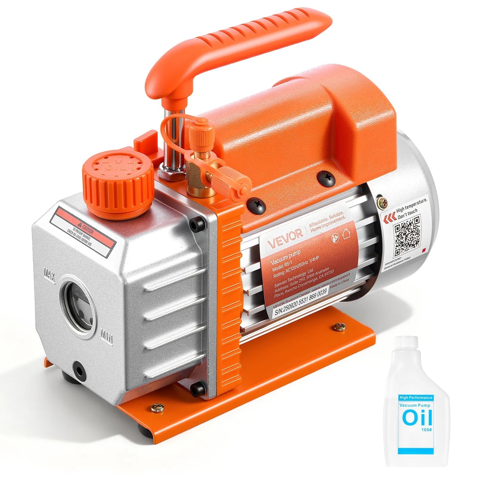 VEVOR Vacuum Pump, 3.5 CFM 1/4 HP, HVAC Single Stage Rotary Vane AC Vacuum Pump, for R134a R22 R410a Systems, 4 Pole Motor, for Automotive Air Conditioner Maintenance Resin Degassing, Oil Included