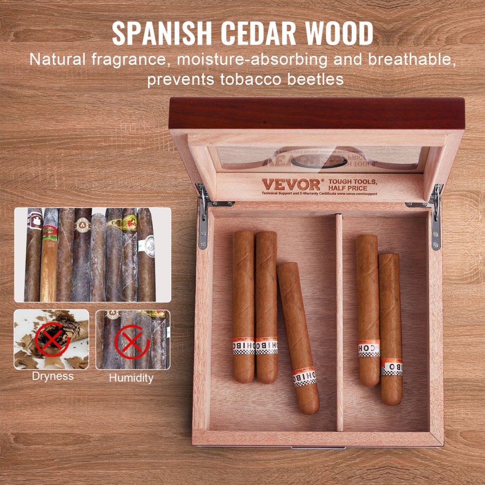 VEVOR 35 Cigar Humidor Glasstop Cedar Cigar Box Humidifier & Hygrometer & Drawer