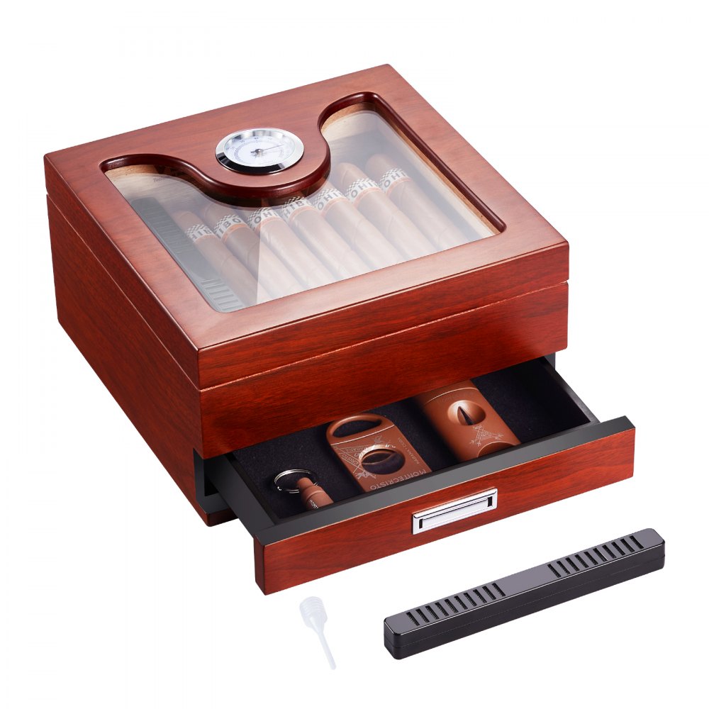 VEVOR 35 Cigar Humidor Glasstop Cedar Cigar Box Humidifier & Hygrometer & Drawer