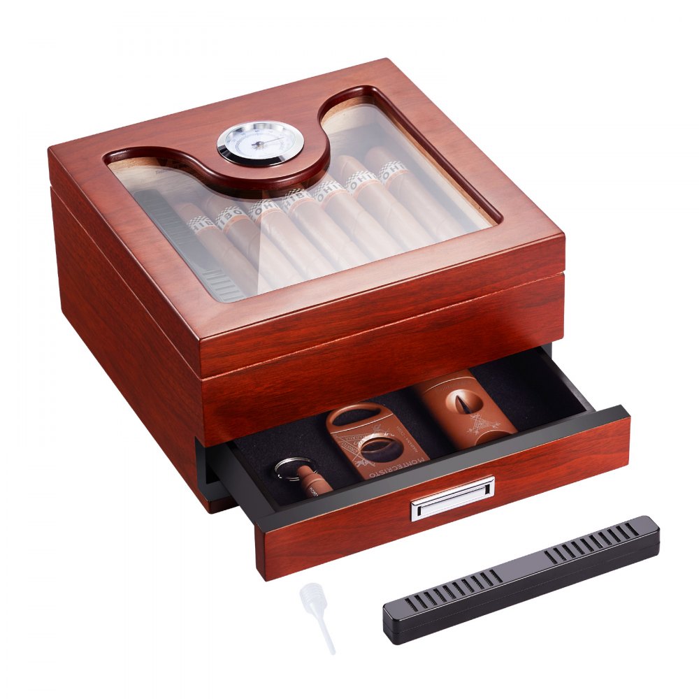 VEVOR 35 Cigar Humidor Glasstop Cedar Cigar Box Humidifier & Hygrometer & Drawer