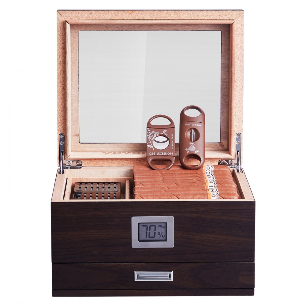VEVOR 50 Cigar Humidor Glasstop Cedar Cigar Box Humidifier & Hygrometer & Drawer
