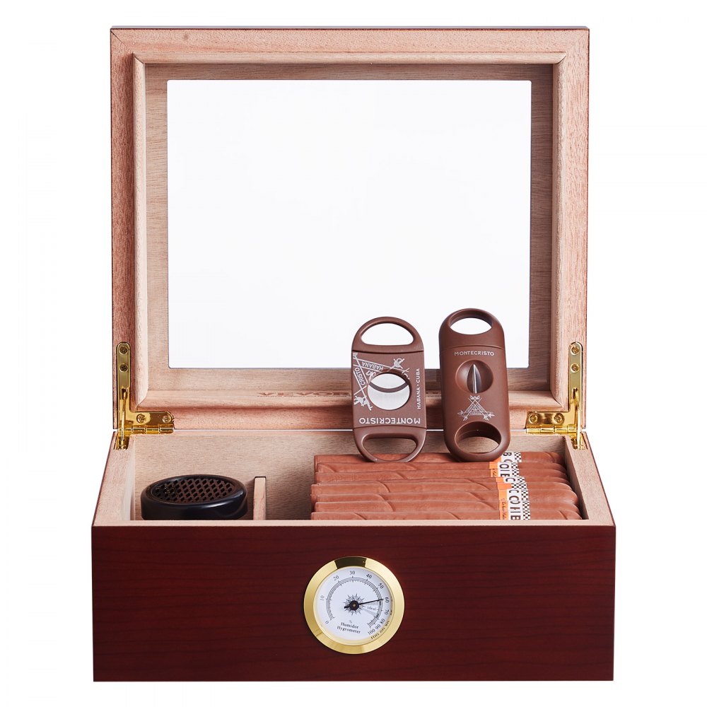 VEVOR 50 Cigars Humidor Glasstop Cedar Cigar Storage Box Humidifier Hygrometer