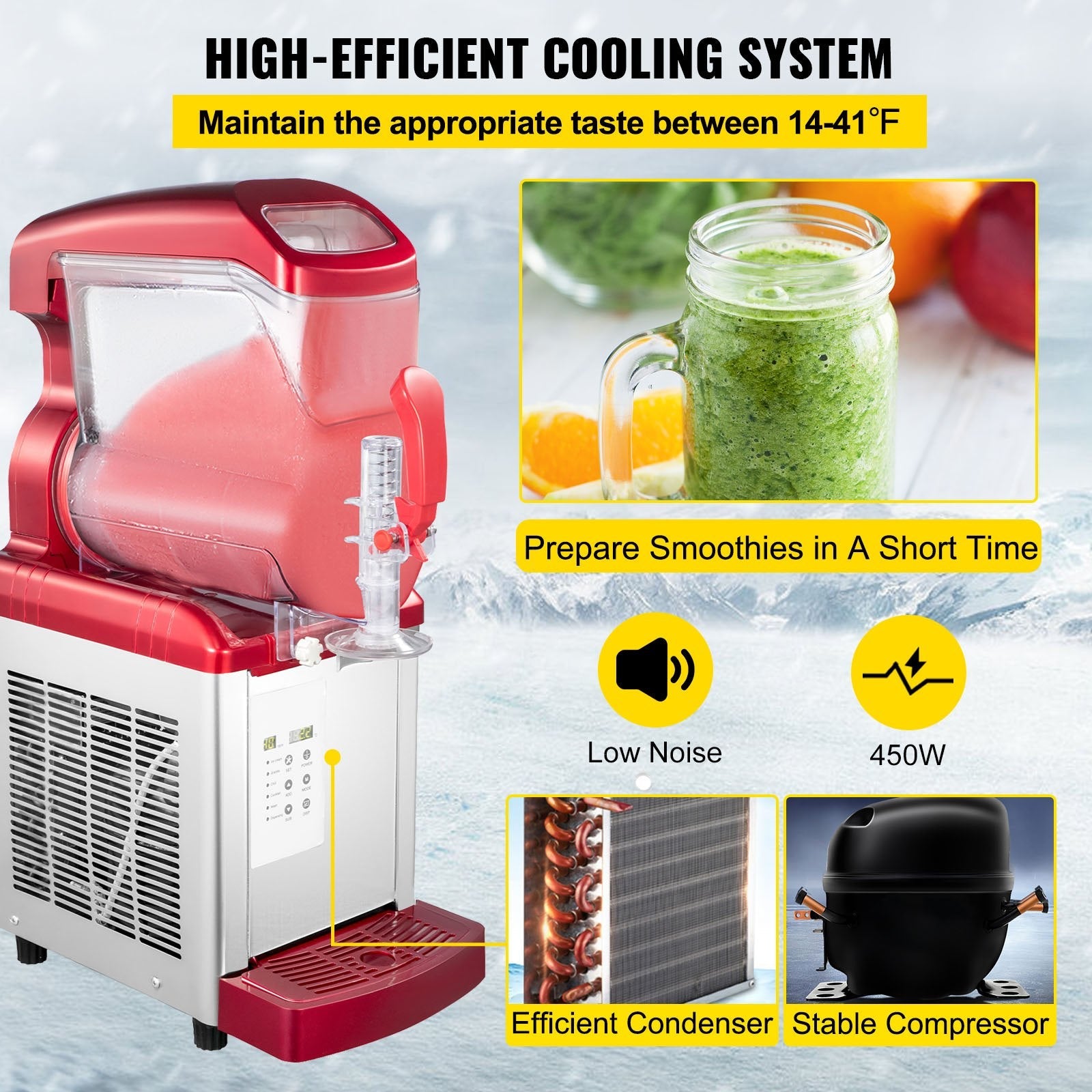 VEVOR Slush Frozen Drink Machine, 6LX1 Tank, 450W Commercial Margarita Maker with 14°F to 41°F Temperature Preservation, Automatic Clean Four Selectable Modes for Cafes Restaurants, Red
