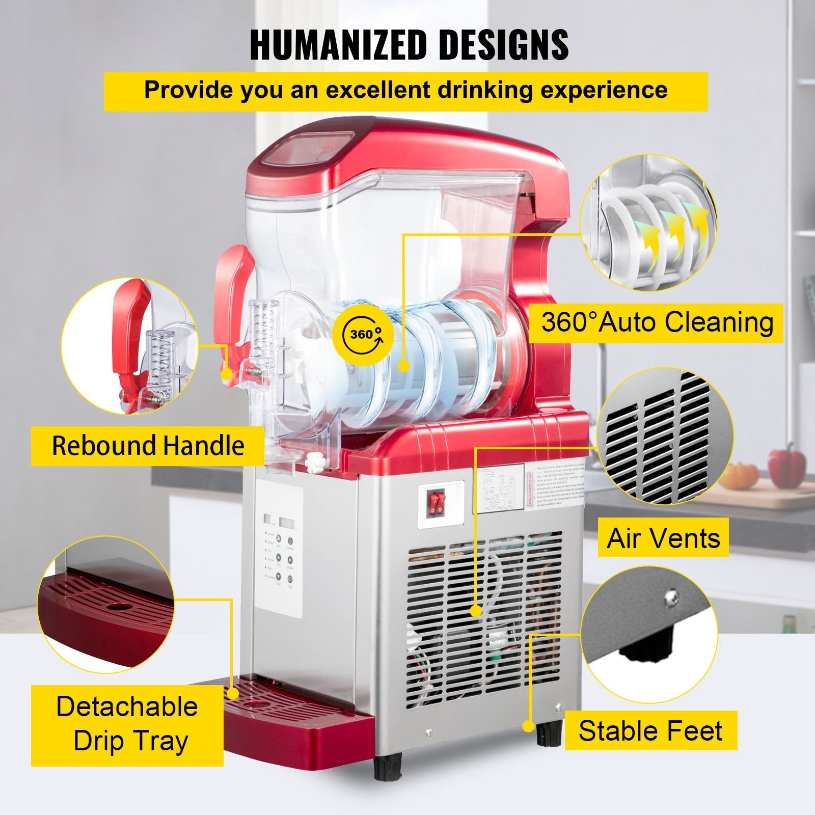 VEVOR Slush Frozen Drink Machine, 6LX1 Tank, 450W Commercial Margarita Maker with 14°F to 41°F Temperature Preservation, Automatic Clean Four Selectable Modes for Cafes Restaurants, Red