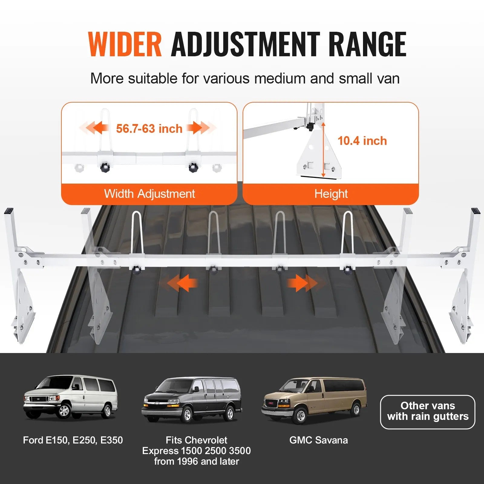 VEVOR Trailer Ladder Rack, 59" Adjustable Roof Rack, 3 Crossbars Van Roof Ladder Rack with Straps, 800 lbs Capacity Steel, Fit for Chevrolet Express 1500 2500 3500/ Ford E150 E250 E350/ GMC Savana