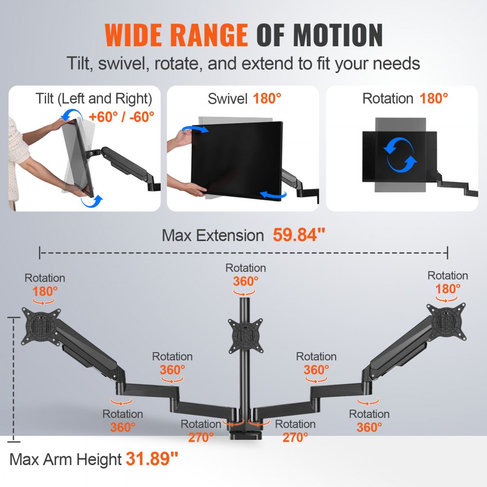 VEVOR Triple Monitor Mount, Supports 13"-27" Screens, Fully Adjustable Gas Spring Monitor Arm, Holds up to 20 lbs per Arm, Computer Stand Holder with C-Clamp/Grommet Mounting Base, VESA Mount Bracket