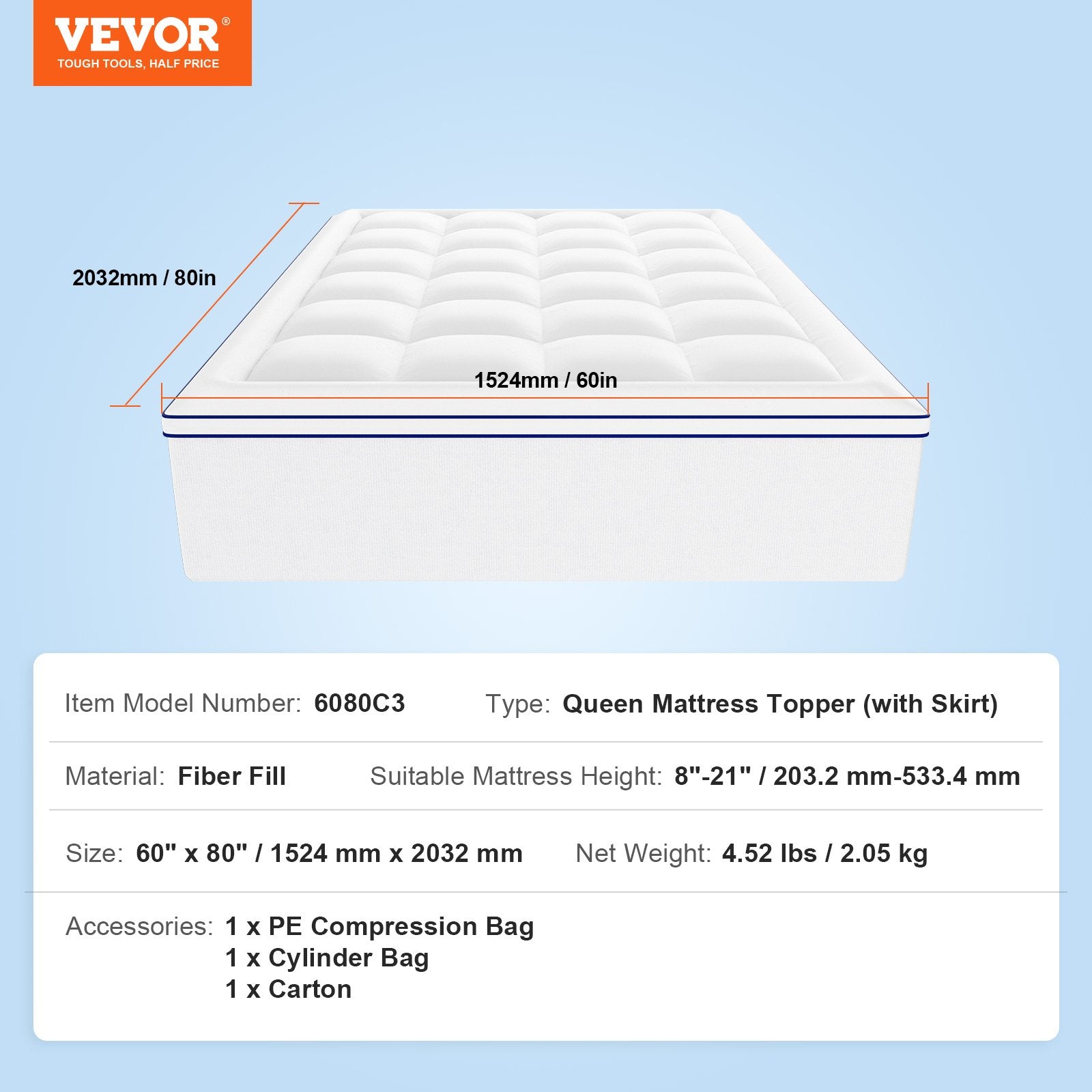 VEVOR Mattress Topper Fiber Fill Detachable & Washable Queen Size 1 in Thickness