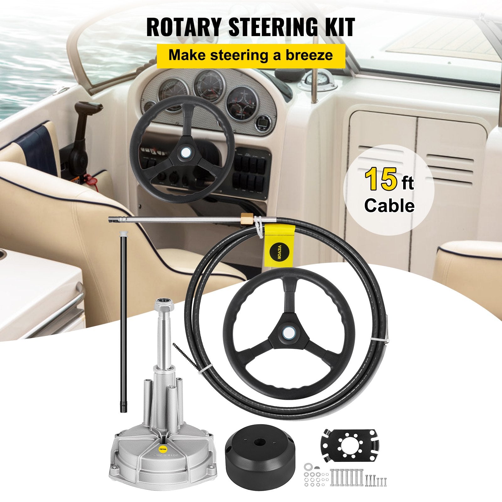 VEVOR Outboard Steering System SS13715 Safe-T Quick Connect Rotary Steering System 15' Steering Cable With 13" Wheel Durable Marine Steering System