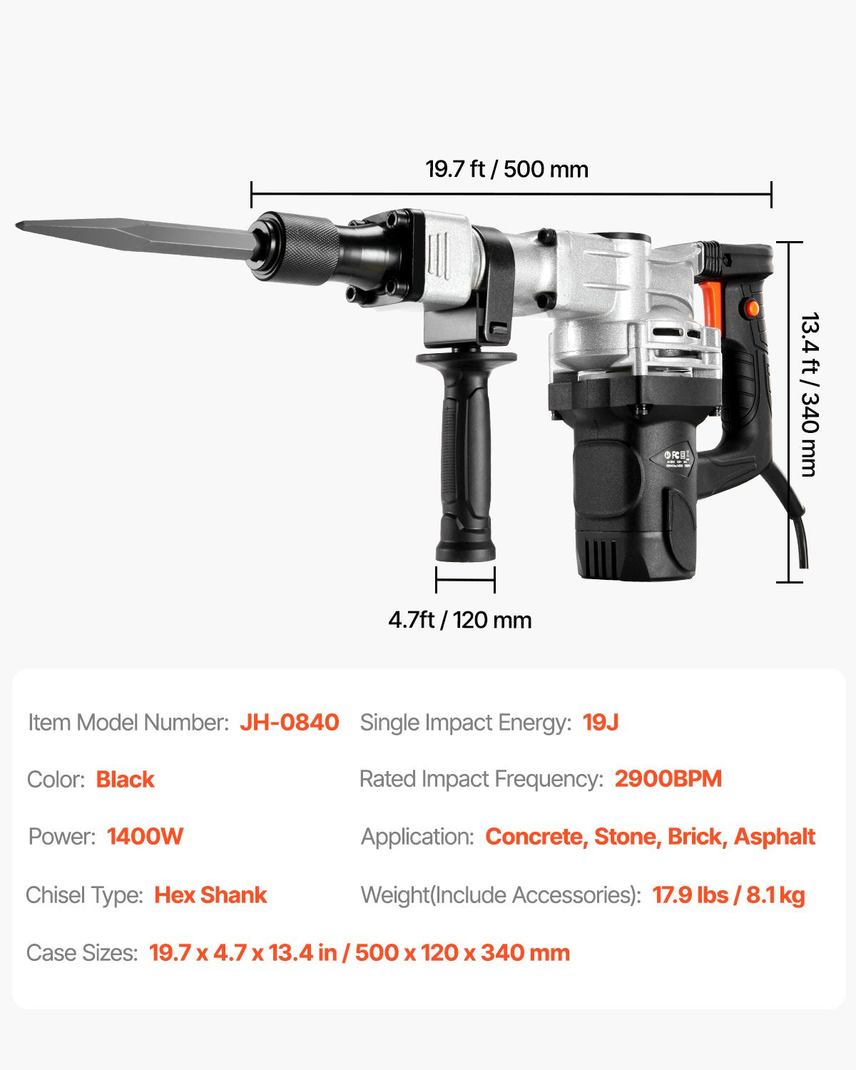 VEVOR Demolition Jack Hammer, 1400W Electric Jackhammer Heavy Duty, 2900 BPM Concrete Breaker, 2pcs Chisels Bits Chipping with Case, Gloves Black