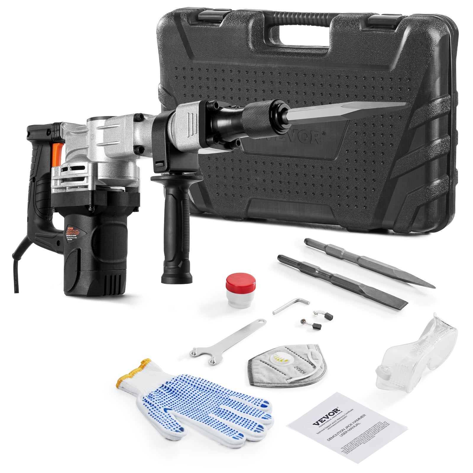 VEVOR Demolition Jack Hammer, 1400W Electric Jackhammer Heavy Duty, 2900 BPM Concrete Breaker, 2pcs Chisels Bits Chipping with Case, Gloves Black
