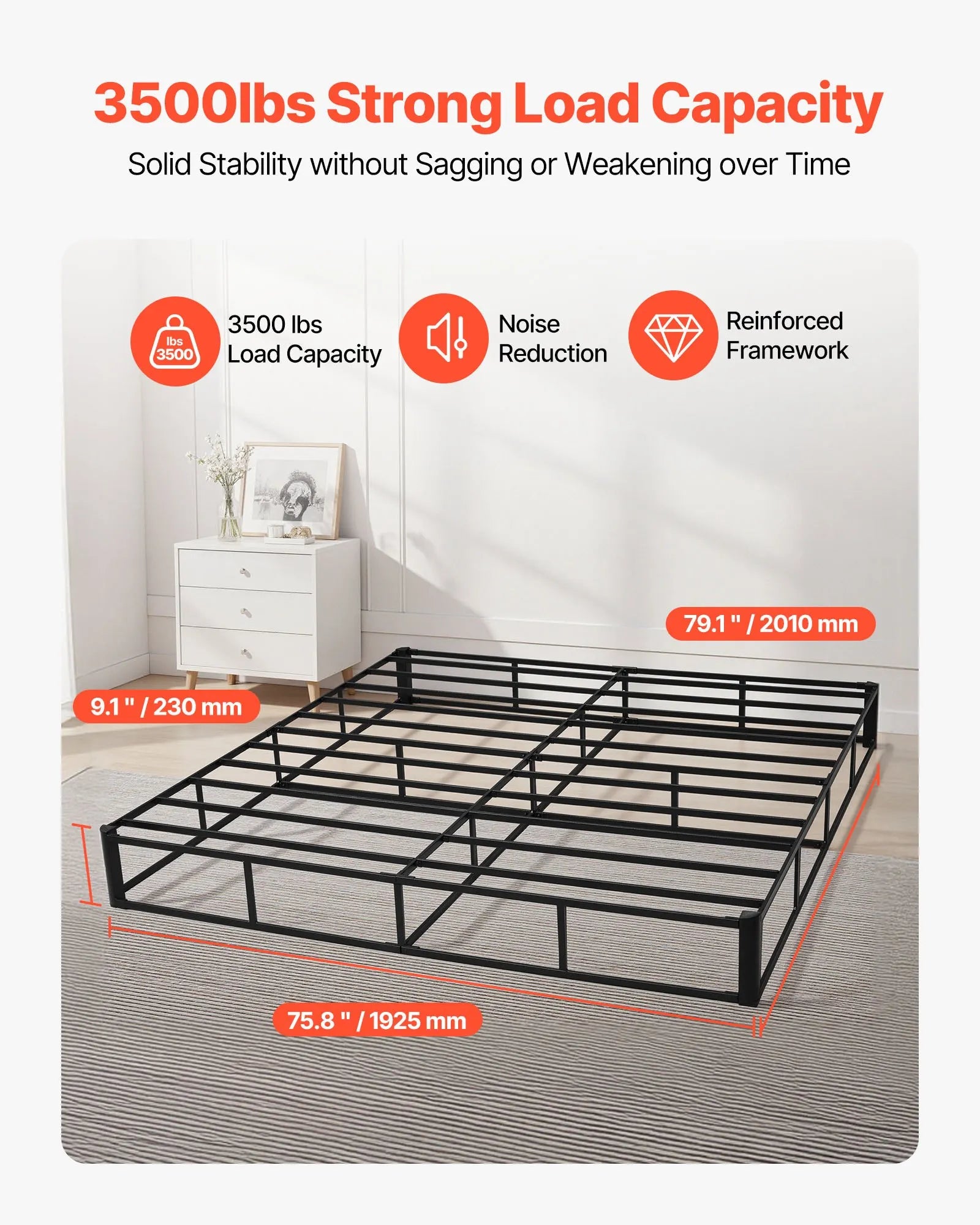 King Size Box Spring 9" Heavy Duty Metal Bed Frame with Washable Fabric Cover, 3500 lb Capacity Mattress Foundation