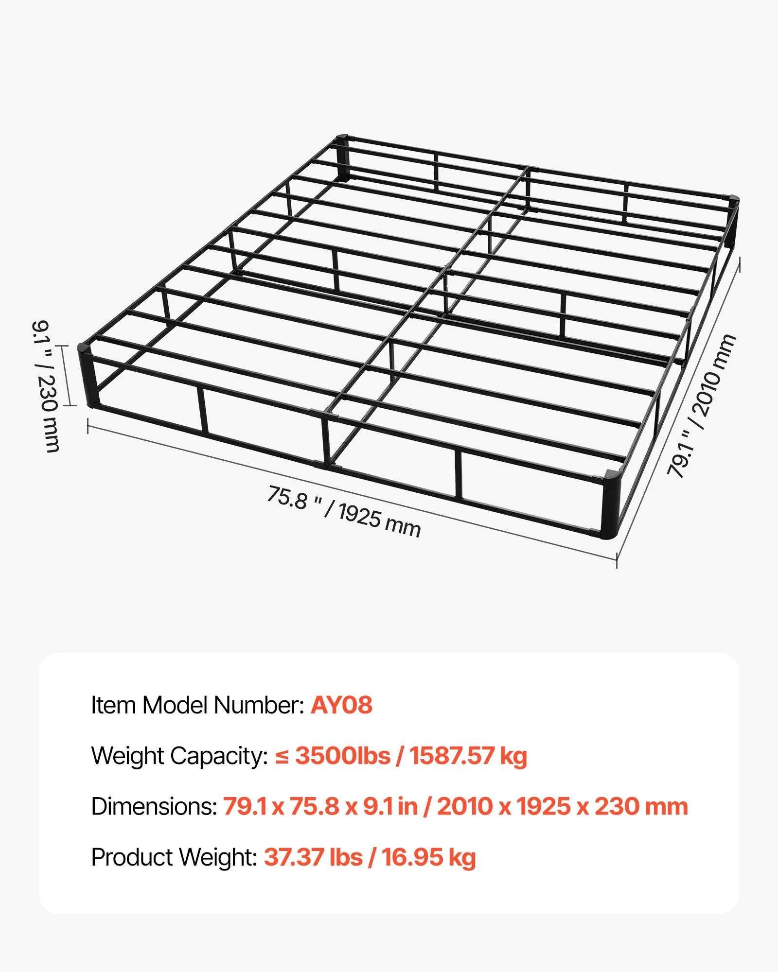 King Size Box Spring 9" Heavy Duty Metal Bed Frame with Washable Fabric Cover, 3500 lb Capacity Mattress Foundation