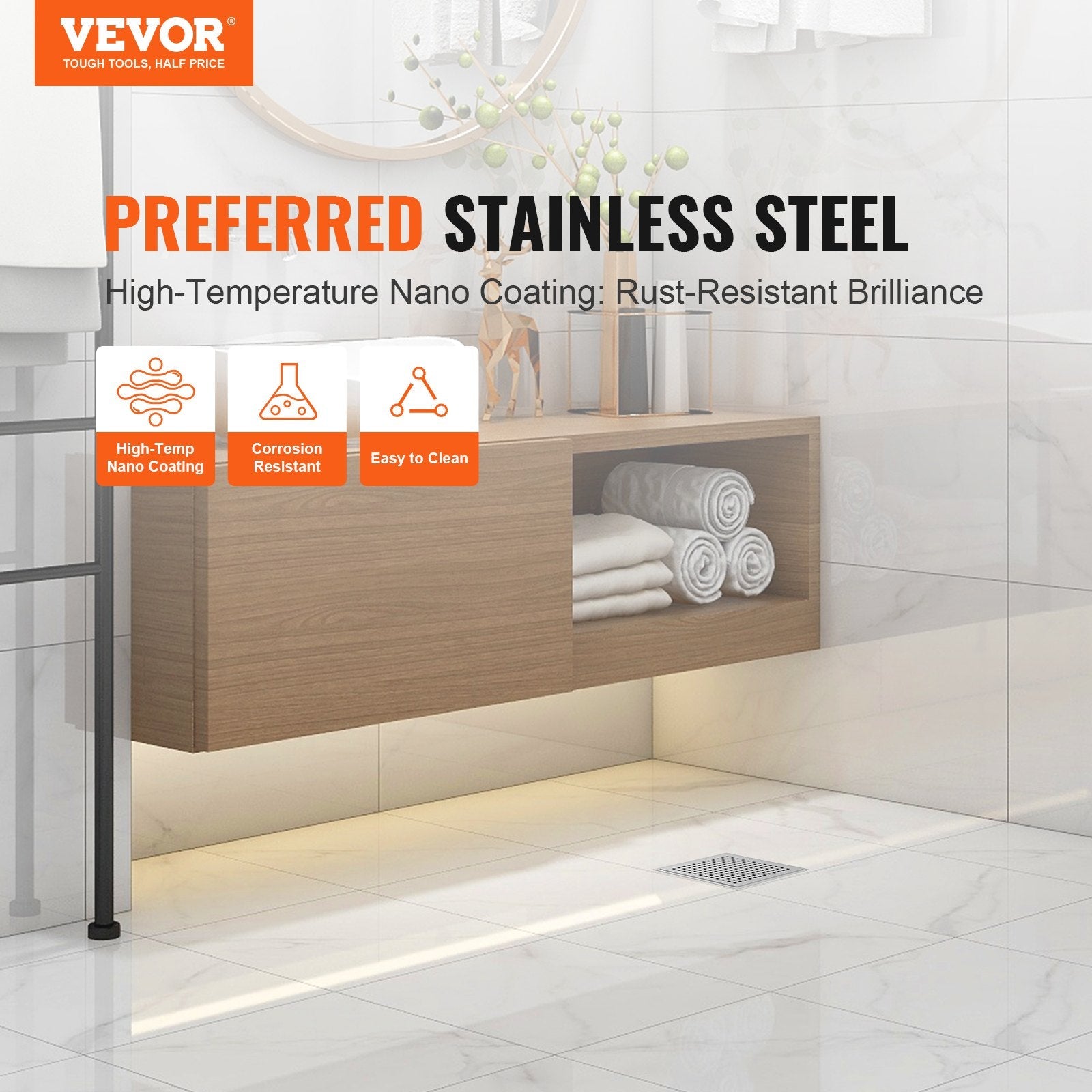 VEVOR 16Inch Linear Shower Drain with Square Pattern Grate,Brushed 304 Stainless Steel Rectangle Shower Floor Drain,Linear Drain with Leveling Feet,Hair Strainer Silver