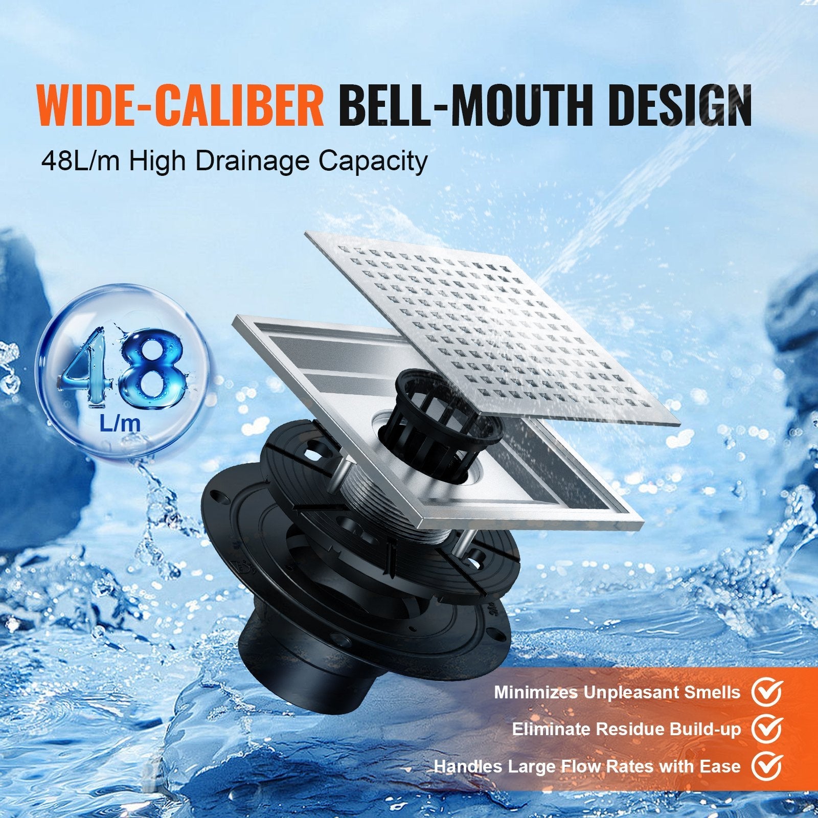 VEVOR 16Inch Linear Shower Drain with Square Pattern Grate,Brushed 304 Stainless Steel Rectangle Shower Floor Drain,Linear Drain with Leveling Feet,Hair Strainer Silver