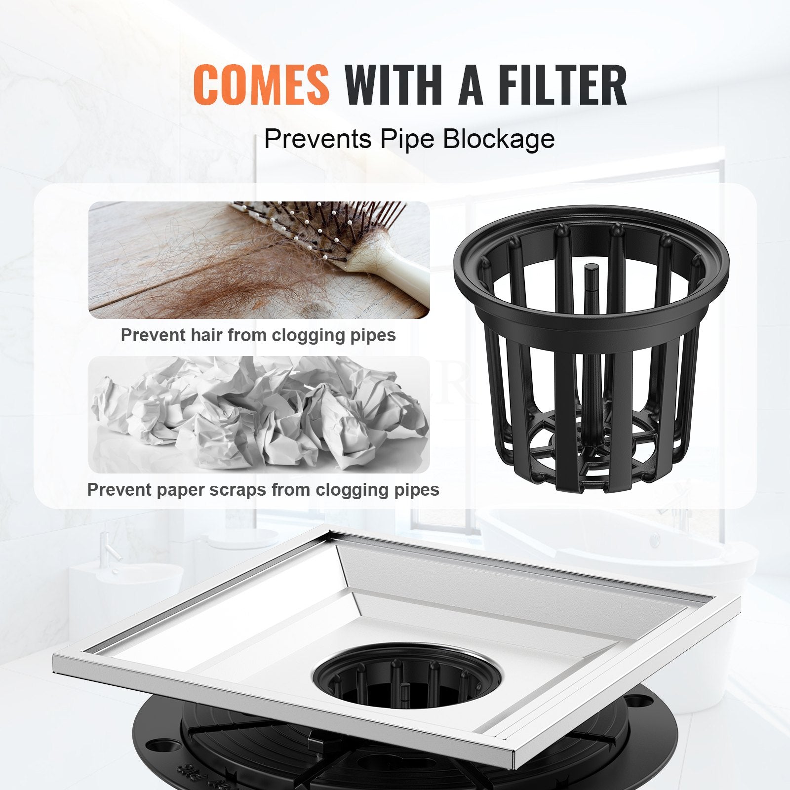 VEVOR 16Inch Linear Shower Drain with Square Pattern Grate,Brushed 304 Stainless Steel Rectangle Shower Floor Drain,Linear Drain with Leveling Feet,Hair Strainer Silver