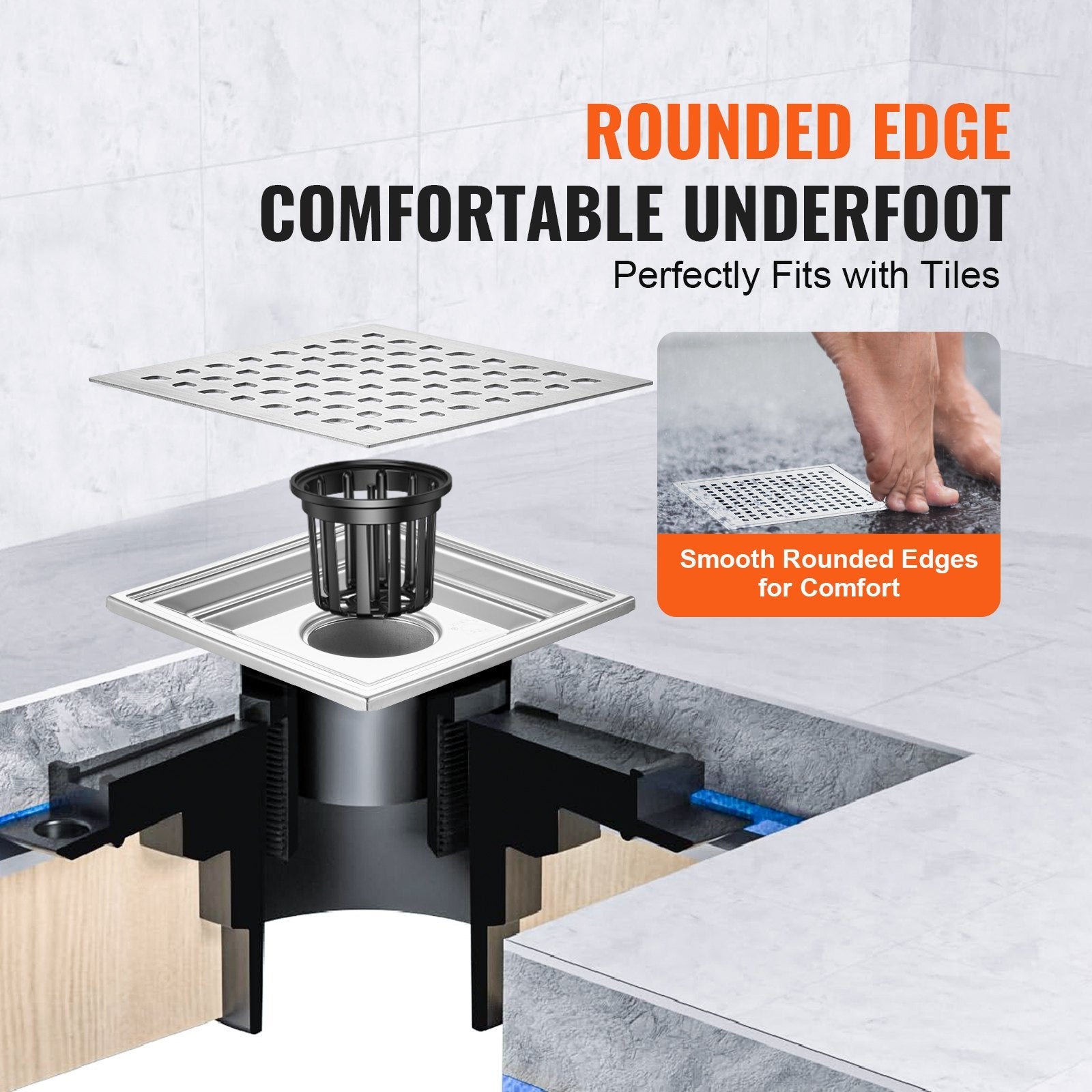 VEVOR 16Inch Linear Shower Drain with Square Pattern Grate,Brushed 304 Stainless Steel Rectangle Shower Floor Drain,Linear Drain with Leveling Feet,Hair Strainer Silver