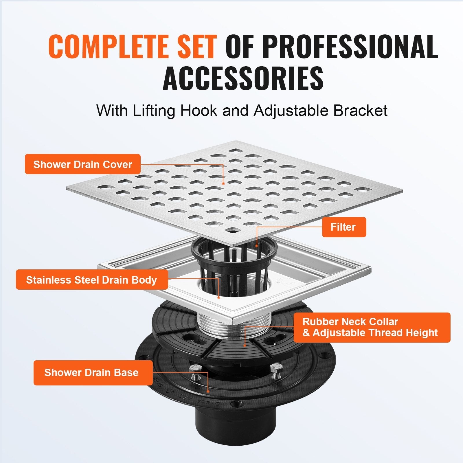 VEVOR 16Inch Linear Shower Drain with Square Pattern Grate,Brushed 304 Stainless Steel Rectangle Shower Floor Drain,Linear Drain with Leveling Feet,Hair Strainer Silver