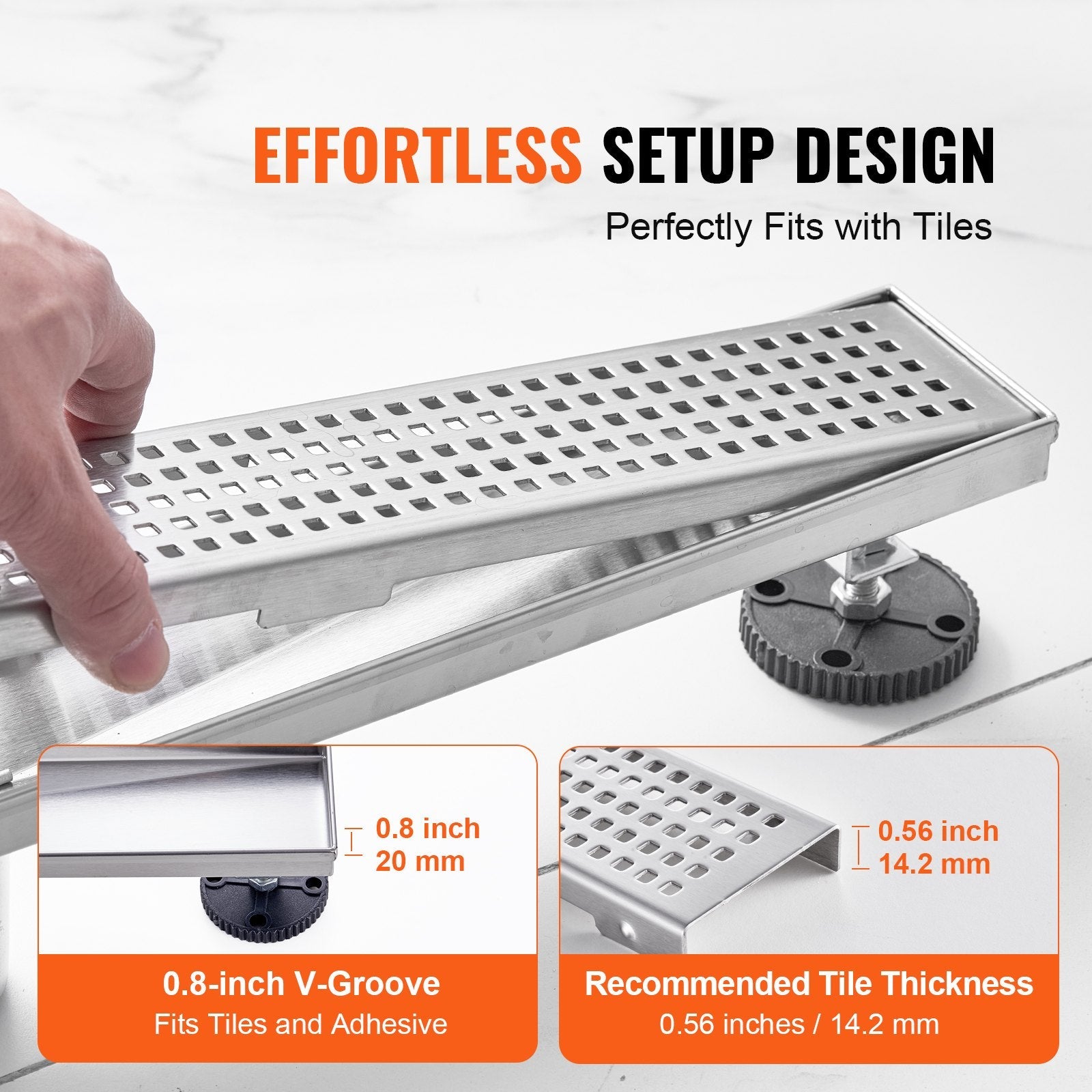 VEVOR 24Inch Linear Shower Drain with Square Pattern Grate,Brushed 304 Stainless Steel Rectangle Shower Floor Drain,Linear Drain with Leveling Feet,Hair Strainer Silver