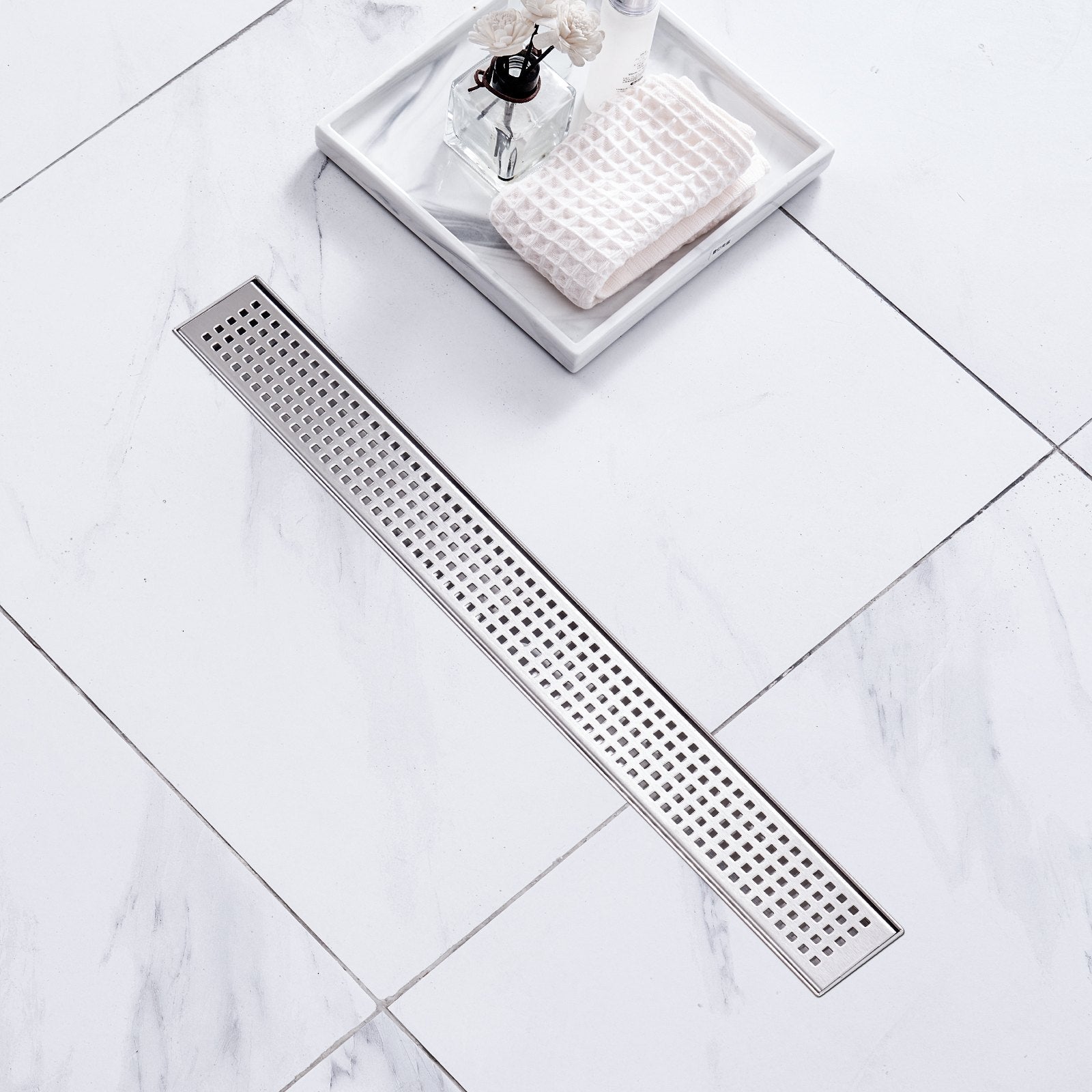VEVOR 24Inch Linear Shower Drain with Square Pattern Grate,Brushed 304 Stainless Steel Rectangle Shower Floor Drain,Linear Drain with Leveling Feet,Hair Strainer Silver