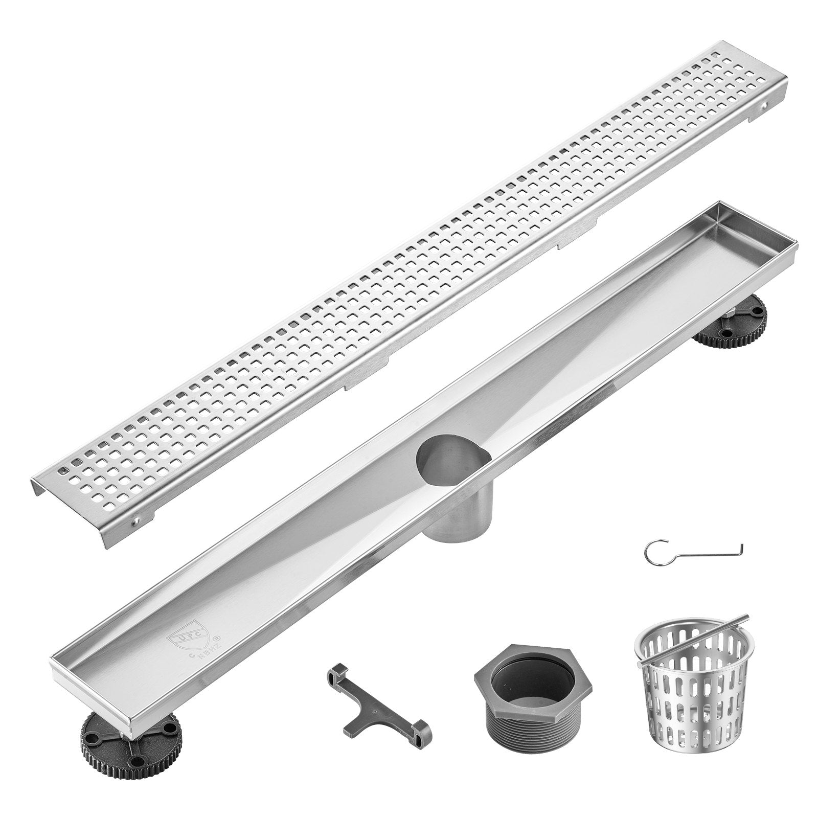 VEVOR 24Inch Linear Shower Drain with Square Pattern Grate,Brushed 304 Stainless Steel Rectangle Shower Floor Drain,Linear Drain with Leveling Feet,Hair Strainer Silver
