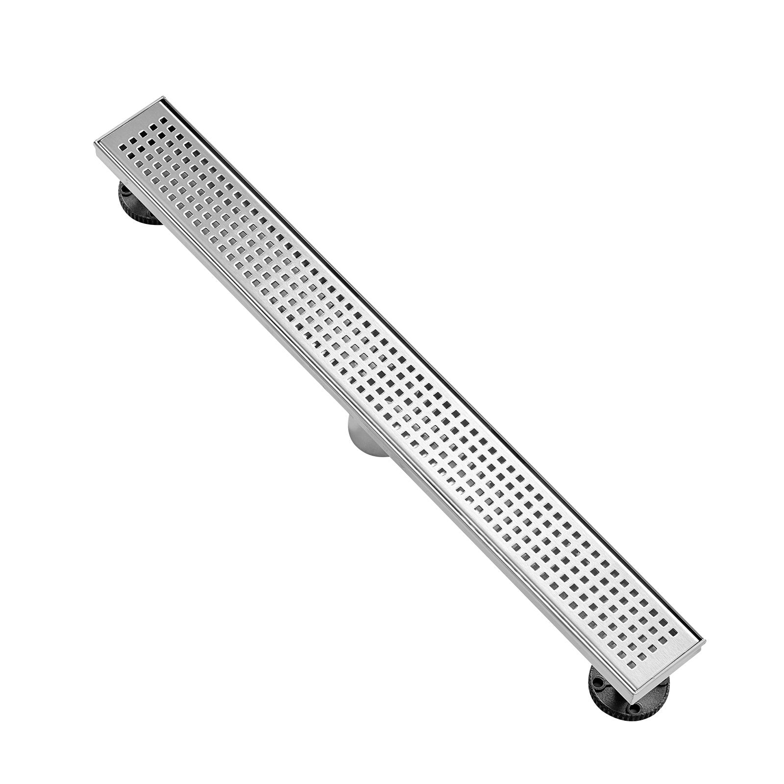 VEVOR 24Inch Linear Shower Drain with Square Pattern Grate,Brushed 304 Stainless Steel Rectangle Shower Floor Drain,Linear Drain with Leveling Feet,Hair Strainer Silver