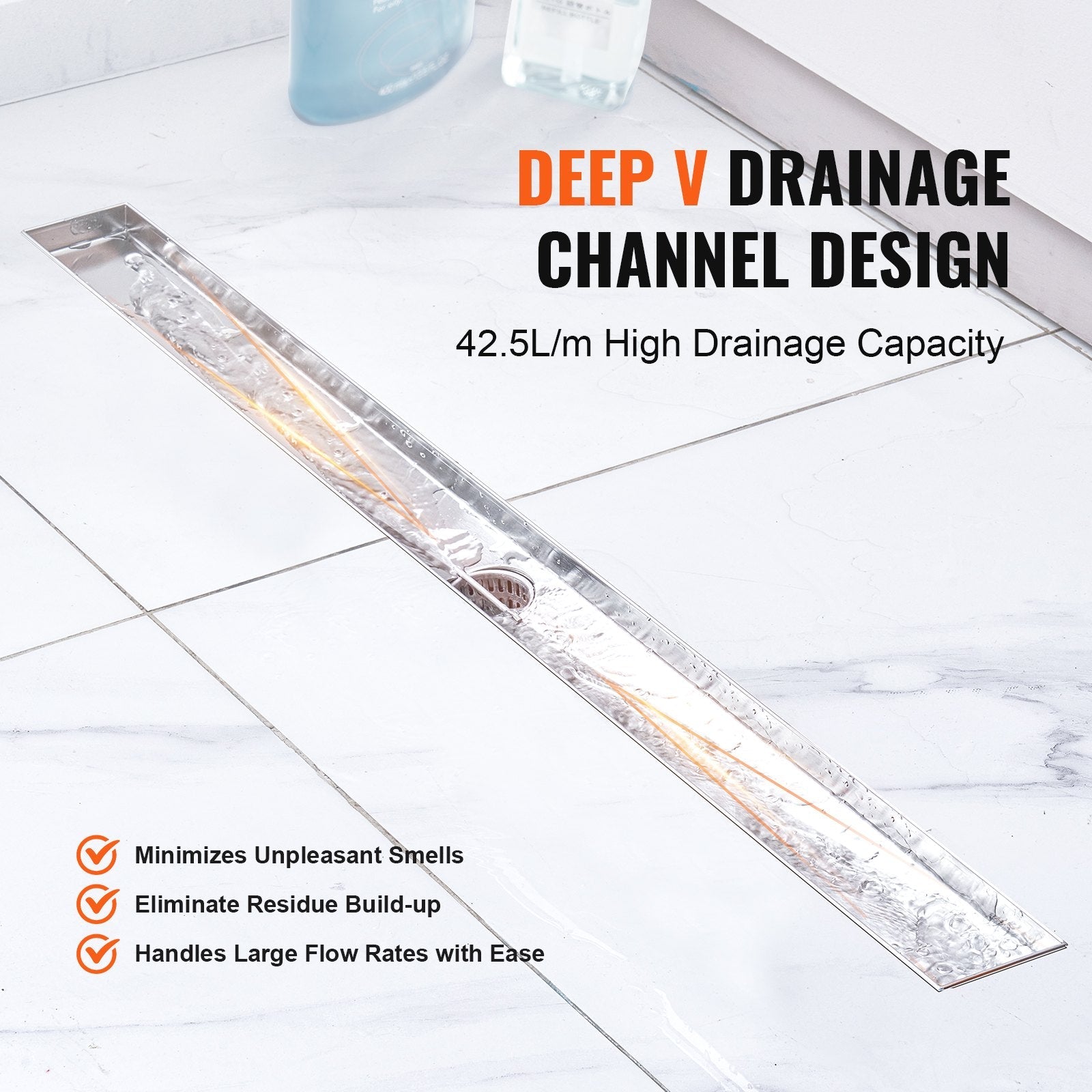 VEVOR 36Inch Linear Shower Drain Offset with Tile Insert Cover,Brushed 304 Stainless Steel Rectangle Shower Floor Drain,Linear Drain with Leveling Feet,Hair Strainer Silver