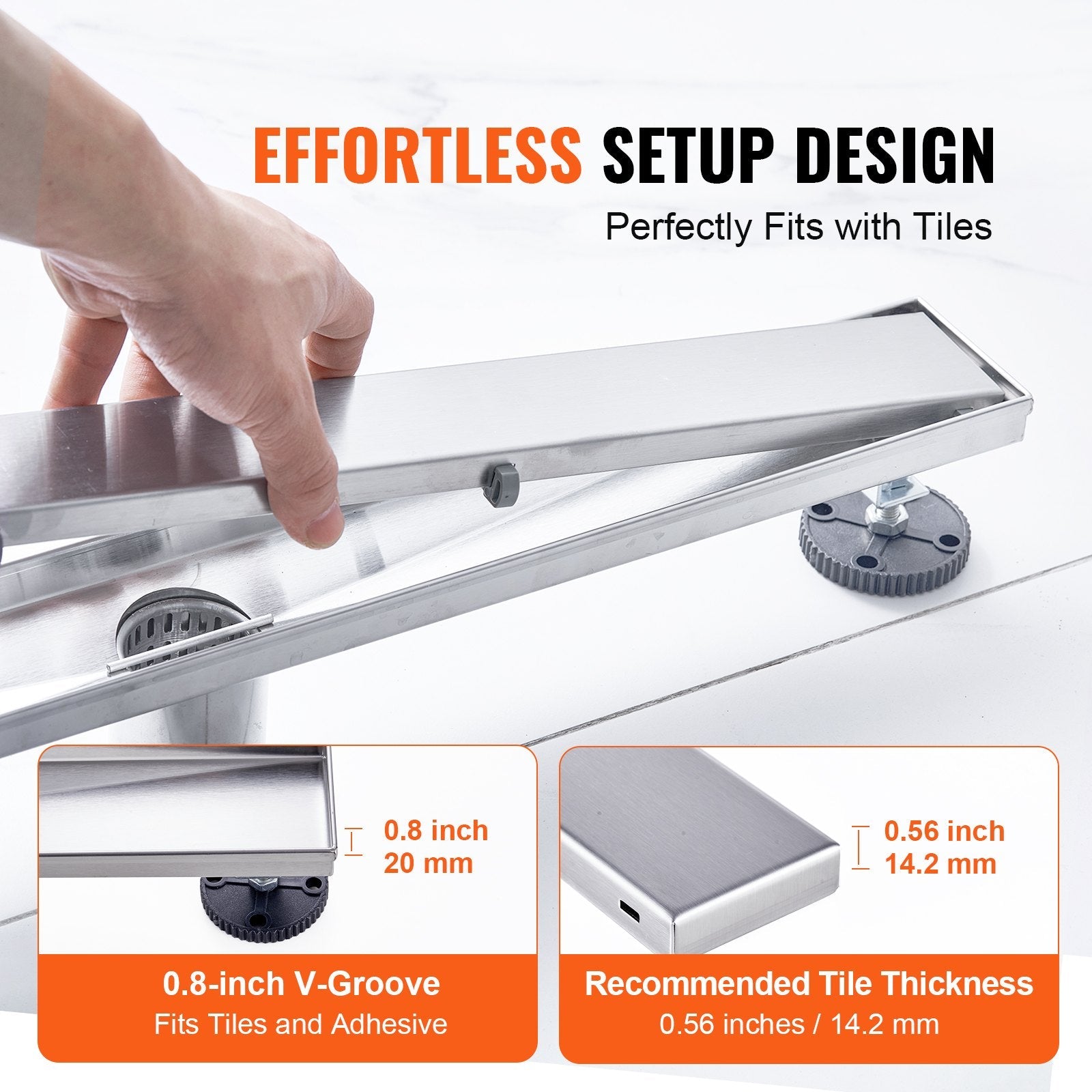 VEVOR 36Inch Linear Shower Drain Offset with Tile Insert Cover,Brushed 304 Stainless Steel Rectangle Shower Floor Drain,Linear Drain with Leveling Feet,Hair Strainer Silver