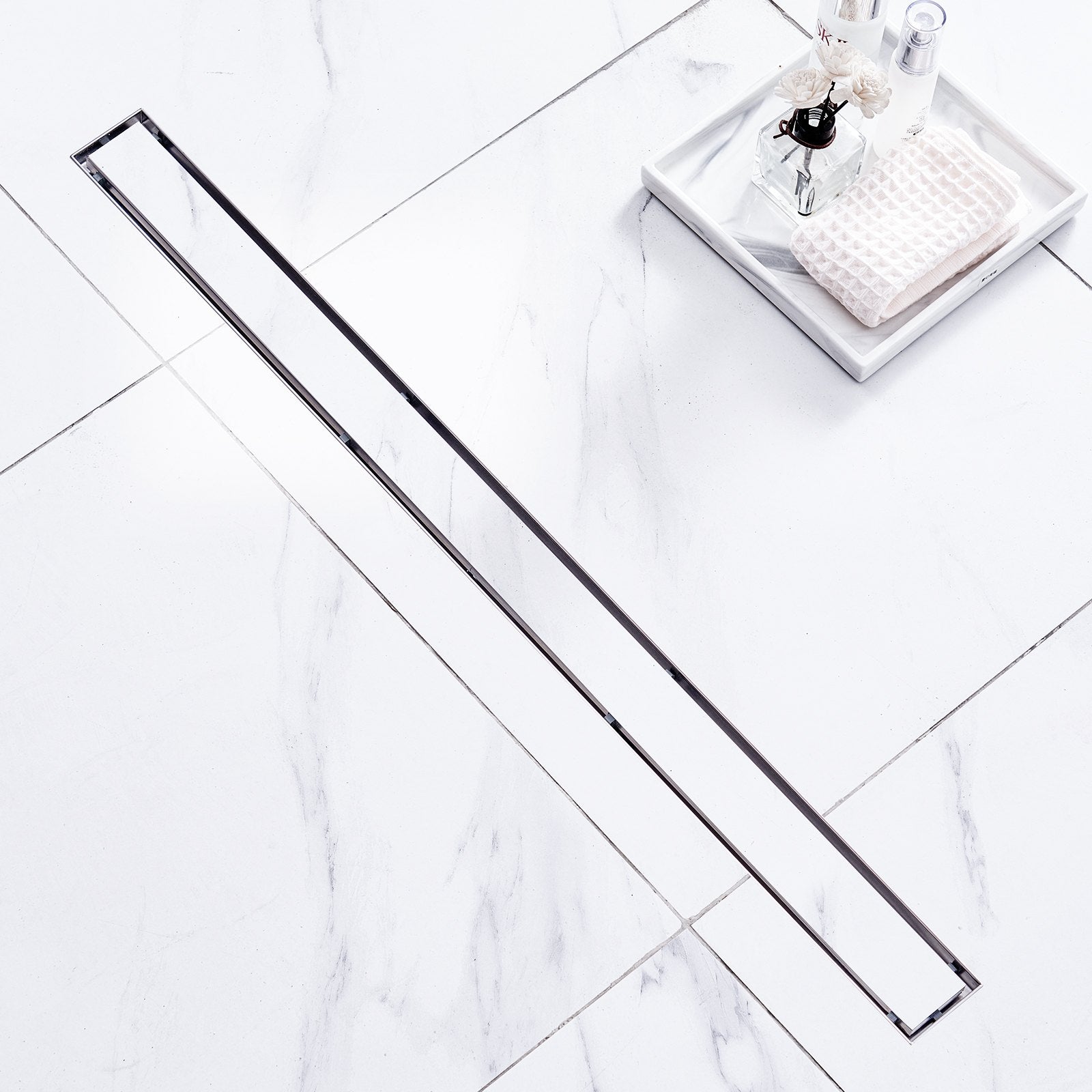 VEVOR 36Inch Linear Shower Drain Offset with Tile Insert Cover,Brushed 304 Stainless Steel Rectangle Shower Floor Drain,Linear Drain with Leveling Feet,Hair Strainer Silver