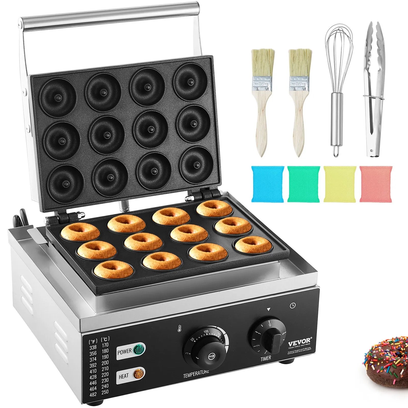 VEVOR Electric Donut Maker, 1550W Commercial Doughnut Machine with Non-stick Surface, 12 Hole Double-Sided Heating Waffle Machine Makes 12 Doughnuts, Temperature 122-572℉, for Restaurant & Home Use