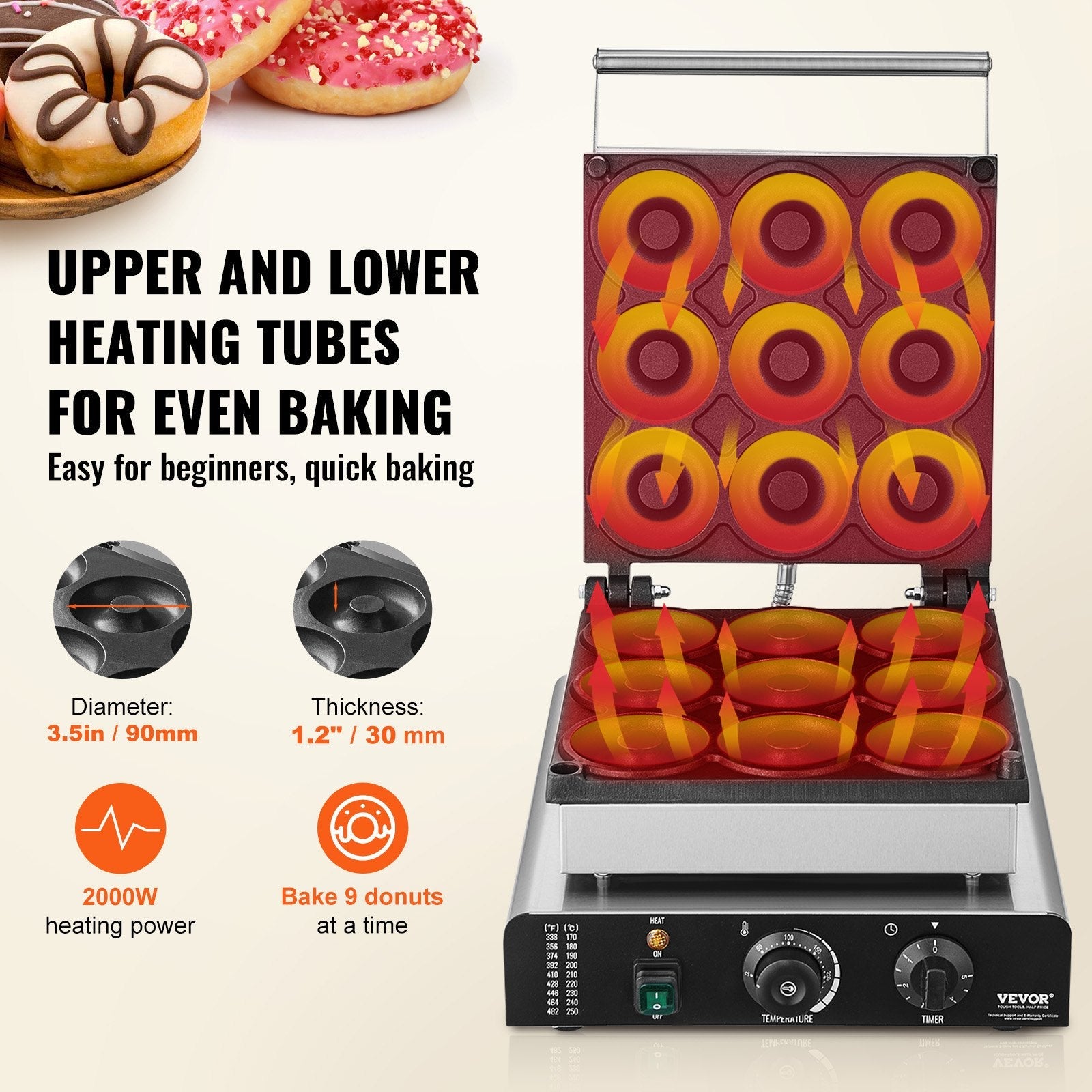 VEVOR Electric Donut Maker, 2000W Commercial Doughnut Machine with Non-stick Surface, 9 Holes Double-Sided Heating Waffle Machine Makes 9 Doughnuts, Temperature 122-572?, for Restaurant and Home Use
