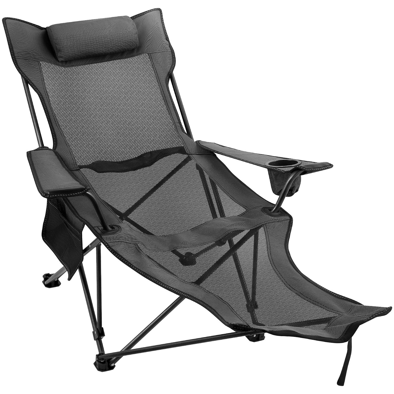 VEVOR Folding Camp Chair with Footrest Mesh, Portable Lounge Chair with Cup Holder and Storage Bag, for Camping Fishing and Other Outdoor Activities (Grey)