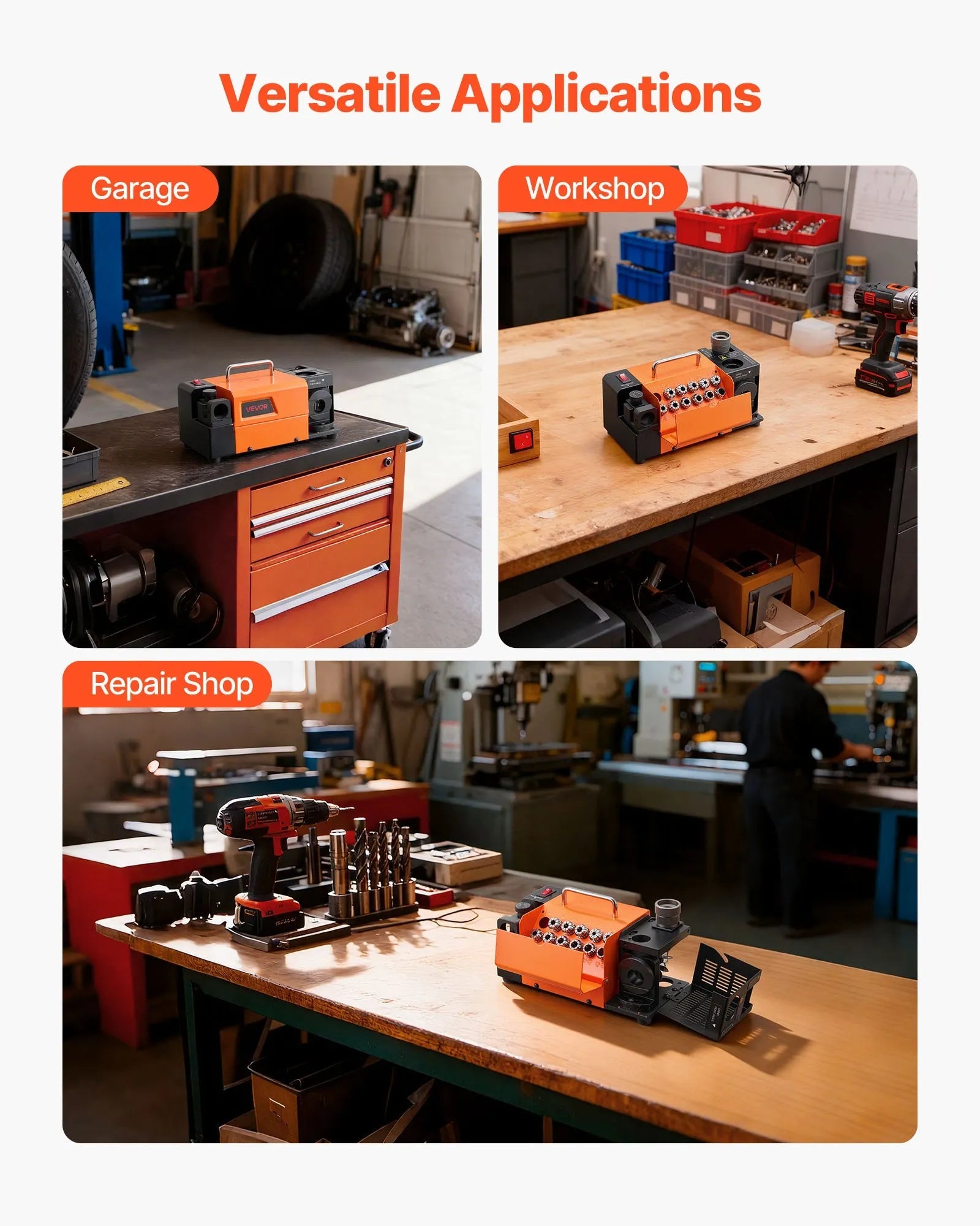 VEVOR Drill Bits Sharpener MR-13D, 3–13mm Professional Drill Bit Grinder with Adjustable Lip Relief Angle, Front Cutting Lip & 95°-135° Point Angle, 5800RPM Re-Sharpener with 11 Collets & CBN Wheel