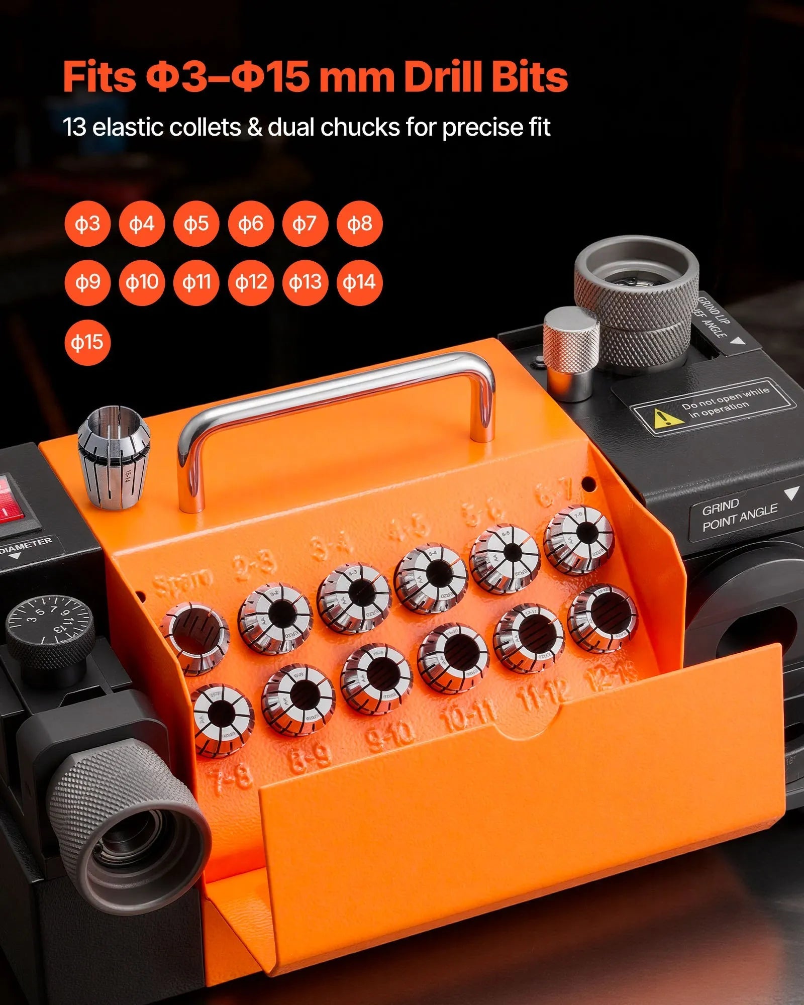 VEVOR Drill Bits Sharpener MR-13A, 3-15mm Drill Bit Grinder Sharpener with 95°-135° Adjustable Point Angle, 5800RPM High Speed Re-Sharpening Machine with 13 Collets & CBN Wheel for Workshops Garages