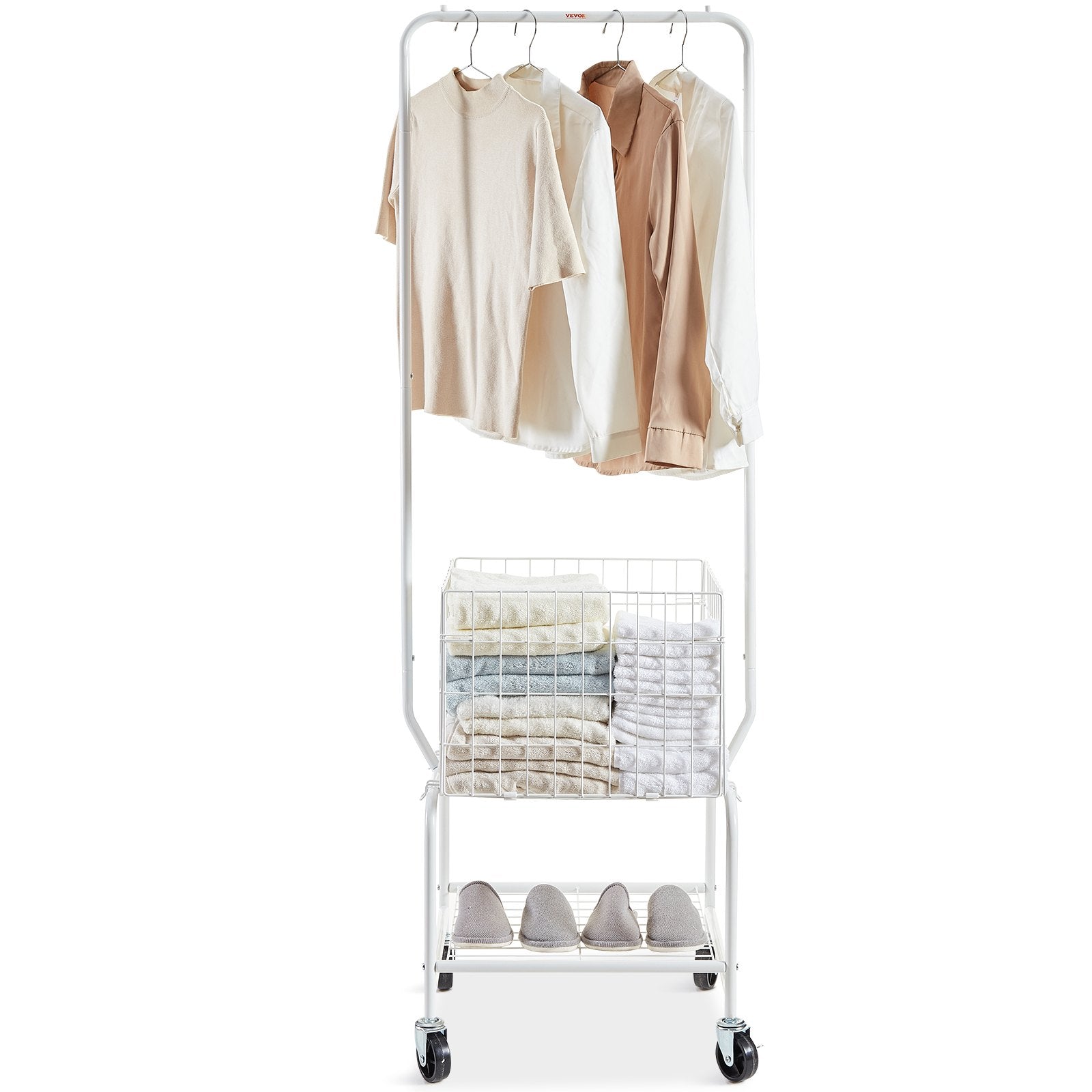 VEVOR Metal Rolling Laundry Basket with Hanging Garment Rack, Height Adjustment Laundry Hamper Cart with Basket Load and Shelf Load, Storage Organizer with Heavy Duty Lockable Wheels