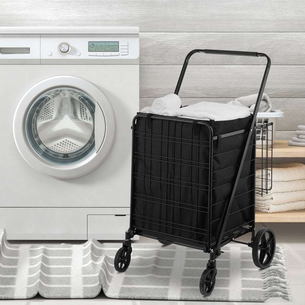 VEVOR Folding Shopping Cart with Removable Waterproof Liner, 330LBS Large Capacity Jumbo Grocery Cart with Dual Basket, 360° Swivel Wheels, Dense Metal Mesh Base, Heavy Duty Utility Cart for Shopping