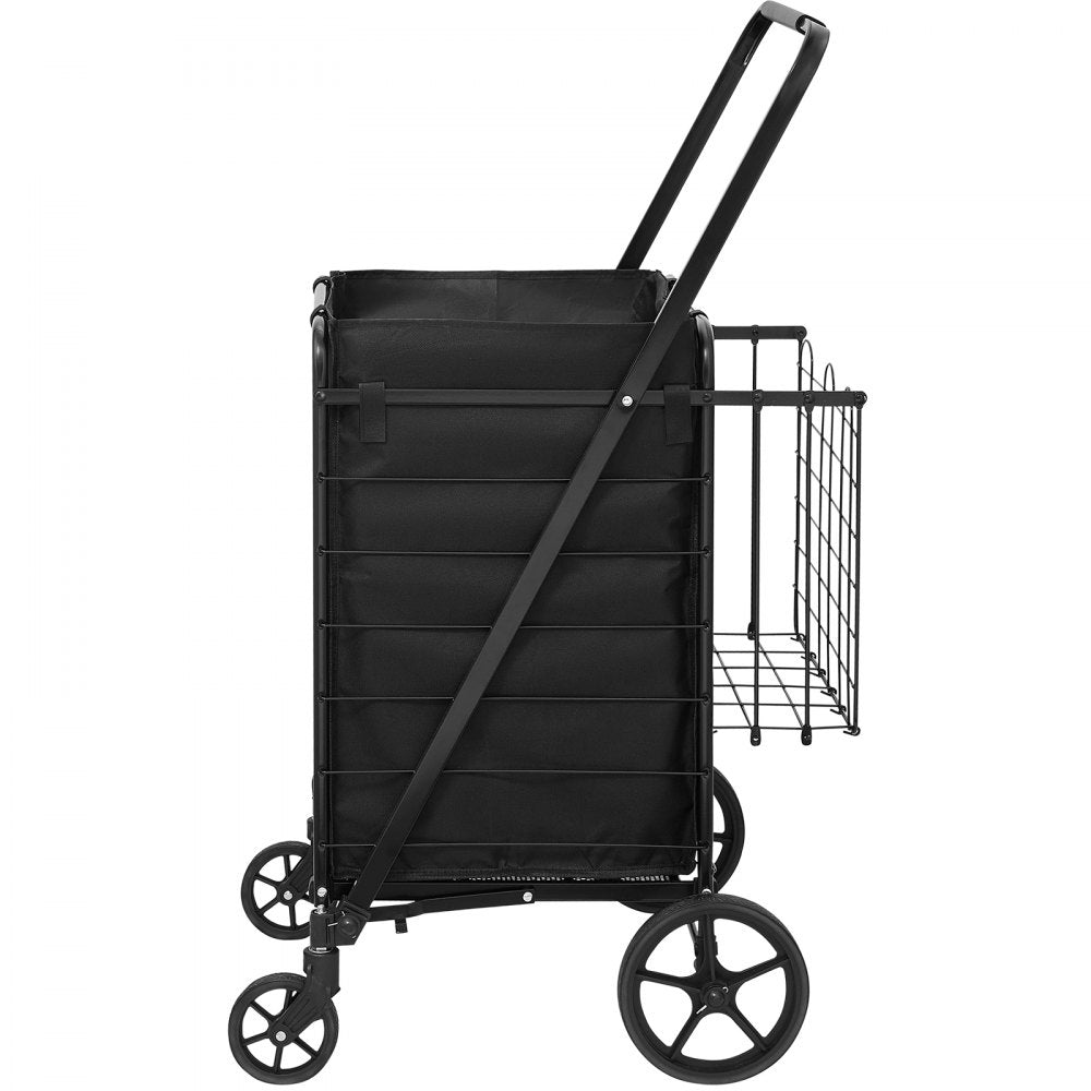 VEVOR Folding Shopping Cart with Removable Waterproof Liner, 330LBS Large Capacity Jumbo Grocery Cart with Dual Basket, 360° Swivel Wheels, Dense Metal Mesh Base, Heavy Duty Utility Cart for Shopping