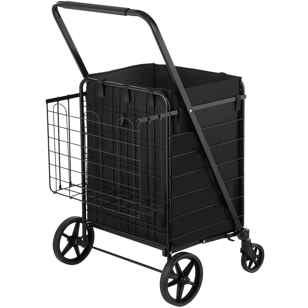 VEVOR Folding Shopping Cart with Removable Waterproof Liner, 330LBS Large Capacity Jumbo Grocery Cart with Dual Basket, 360° Swivel Wheels, Dense Metal Mesh Base, Heavy Duty Utility Cart for Shopping