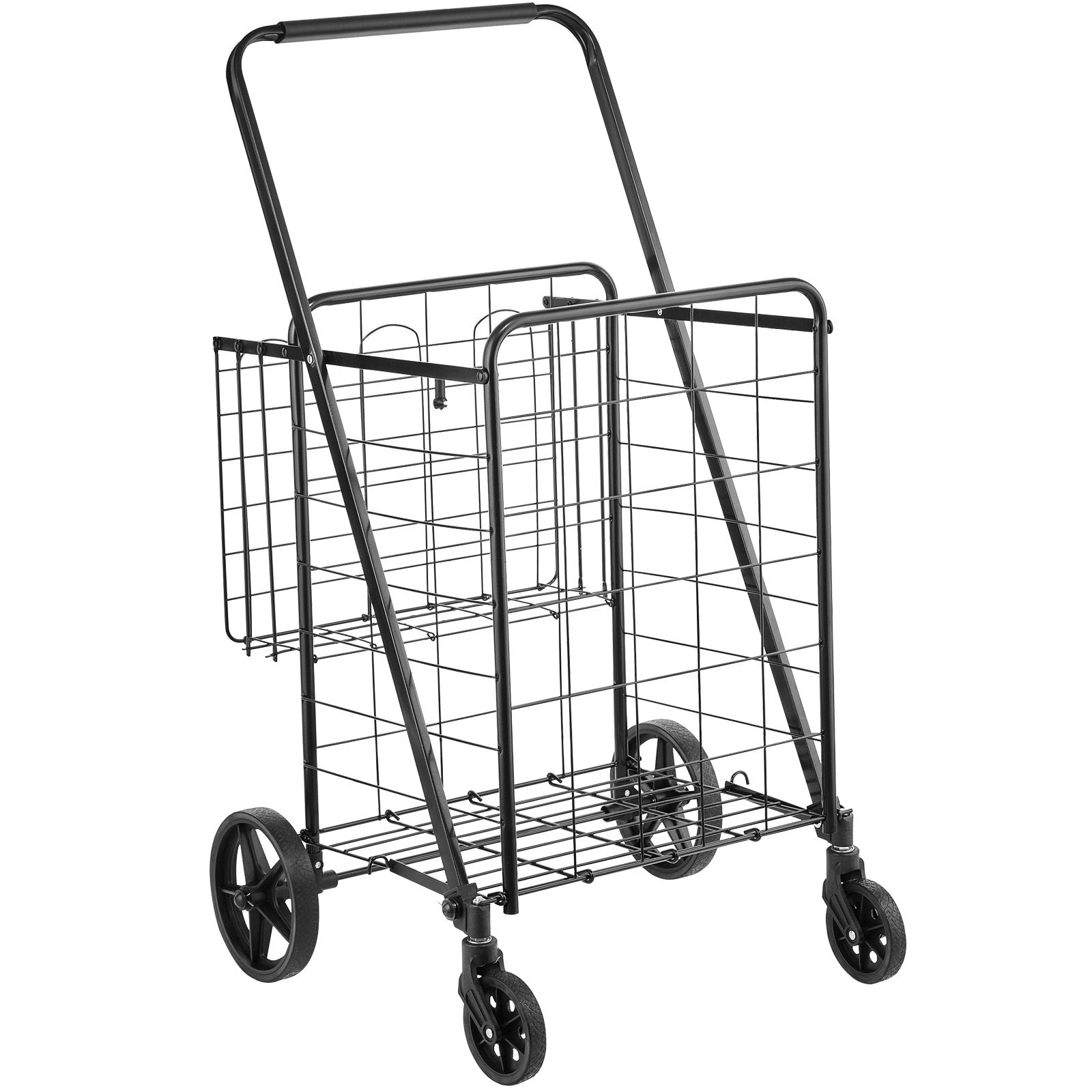 VEVOR Folding Shopping Cart, Jumbo Grocery Cart with Double Baskets, 360° Swivel Wheels, Heavy Duty Utility Cart, 110 LBS Large Capacity Utility Cart for Laundry, Shopping, Grocery, Luggage