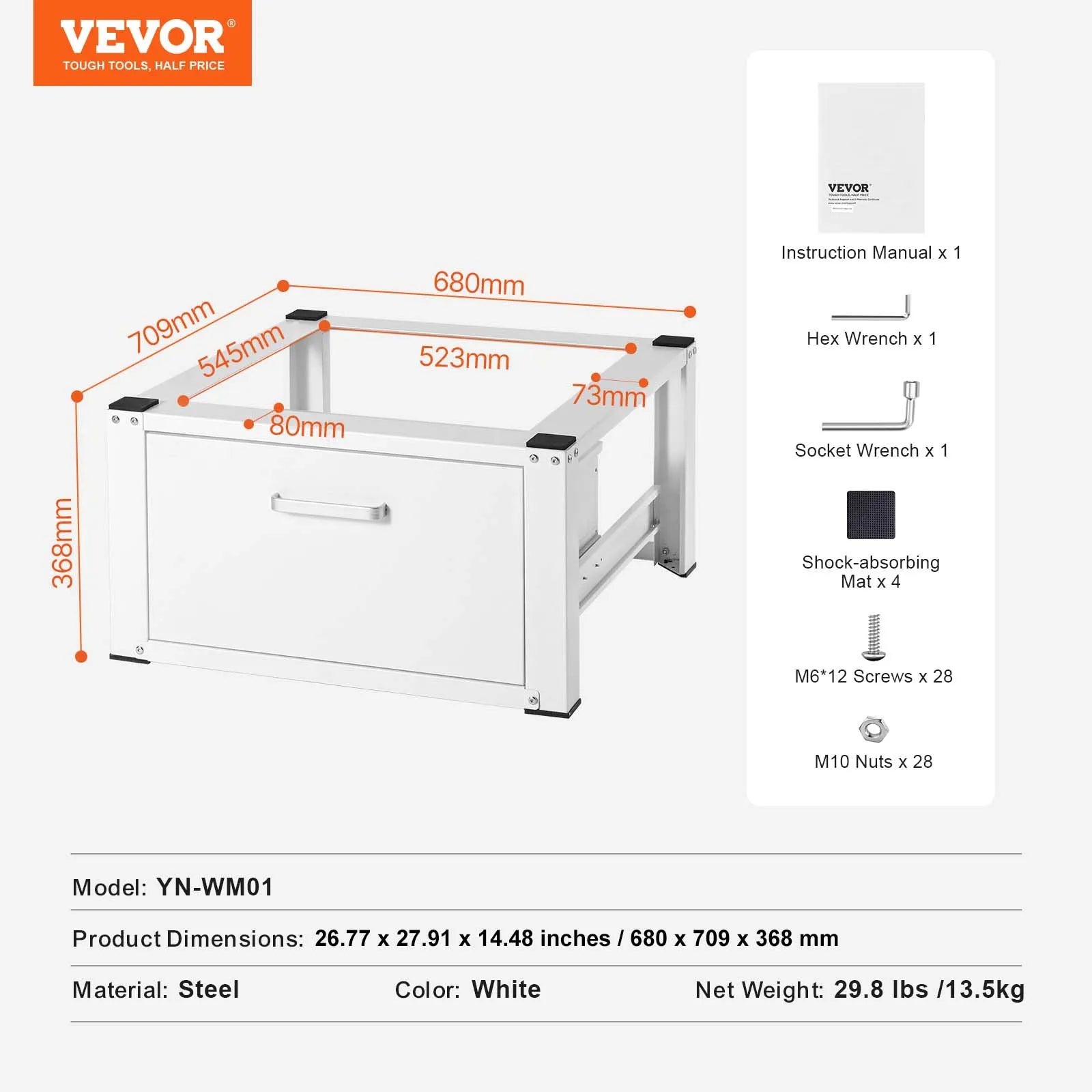 VEVOR Laundry Pedestal 27" Wide 14.4" Height, Washer And Dryer Base Stand Platform Universal Fit 660lbs Capacity, Heavy Duty Multi-Functional Base for Washing Machine with Drawer & Rich Accessories