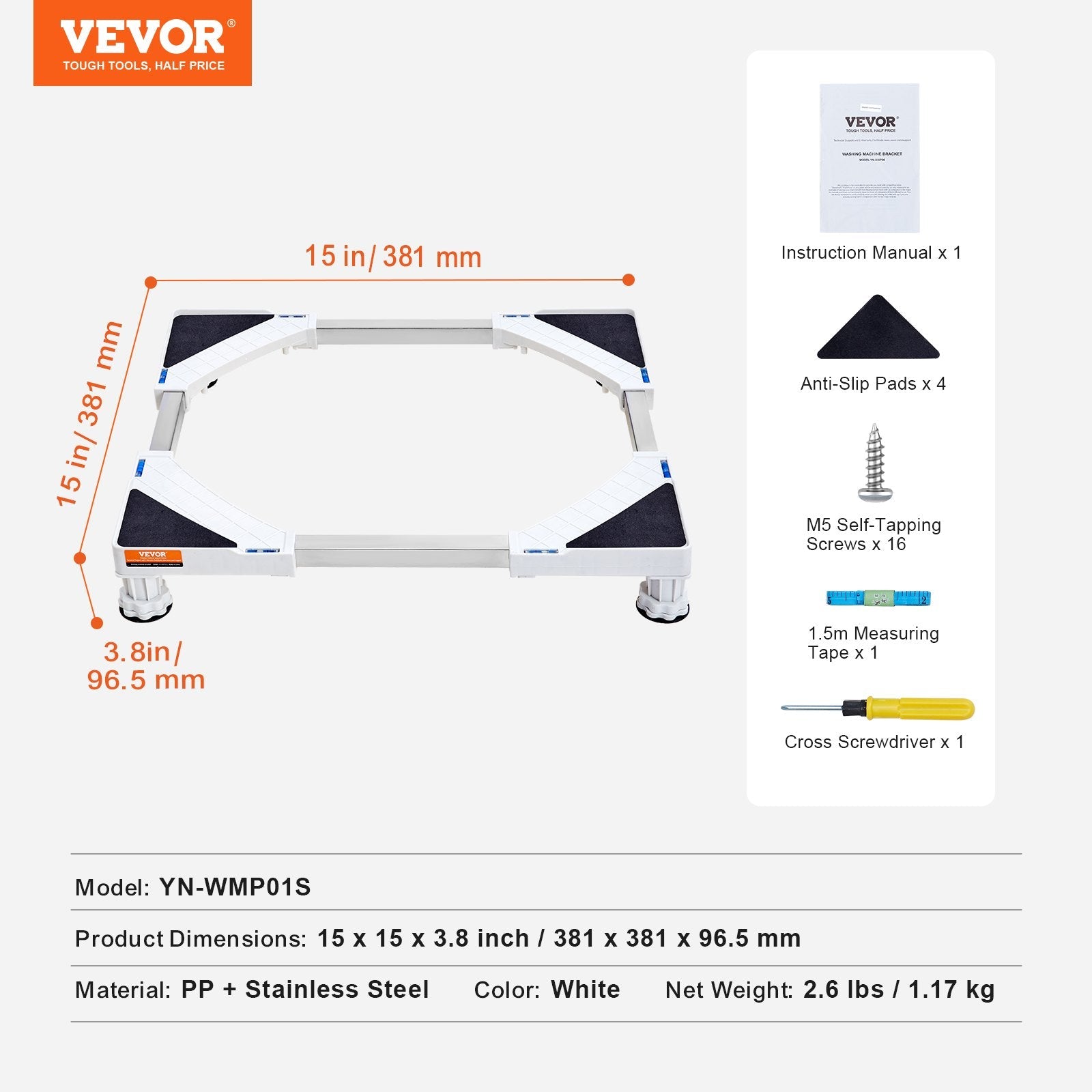 VEVOR Mini Fridge Stand Universal Laundry Pedestal, Adjustable with 4 Strong Feet, Washing Machine Base Multi-Functional for Washer And Dryer, 15"-24.2"W Expandable