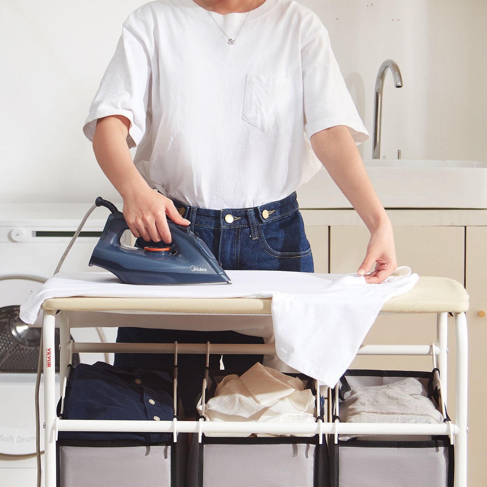 VEVOR 3-Section Laundry Sorter Cart with Ironing Board, Laundry Hamper with Heavy Duty Lockable Wheels and 3 Removable Bag, Rolling Laundry Basket Sorter for Clothes Storage