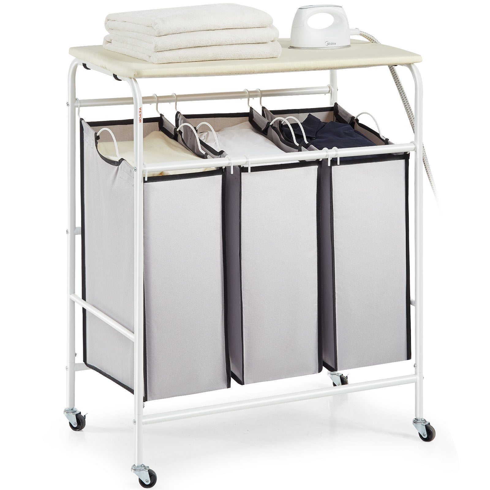 VEVOR 3-Section Laundry Sorter Cart with Ironing Board, Laundry Hamper with Heavy Duty Lockable Wheels and 3 Removable Bag, Rolling Laundry Basket Sorter for Clothes Storage