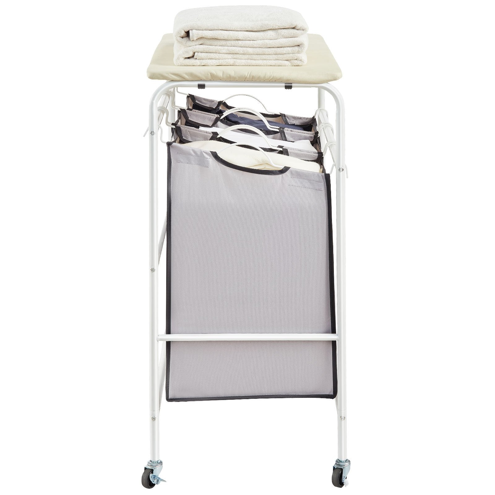 VEVOR 3-Section Laundry Sorter Cart with Ironing Board, Laundry Hamper with Heavy Duty Lockable Wheels and 3 Removable Bag, Rolling Laundry Basket Sorter for Clothes Storage