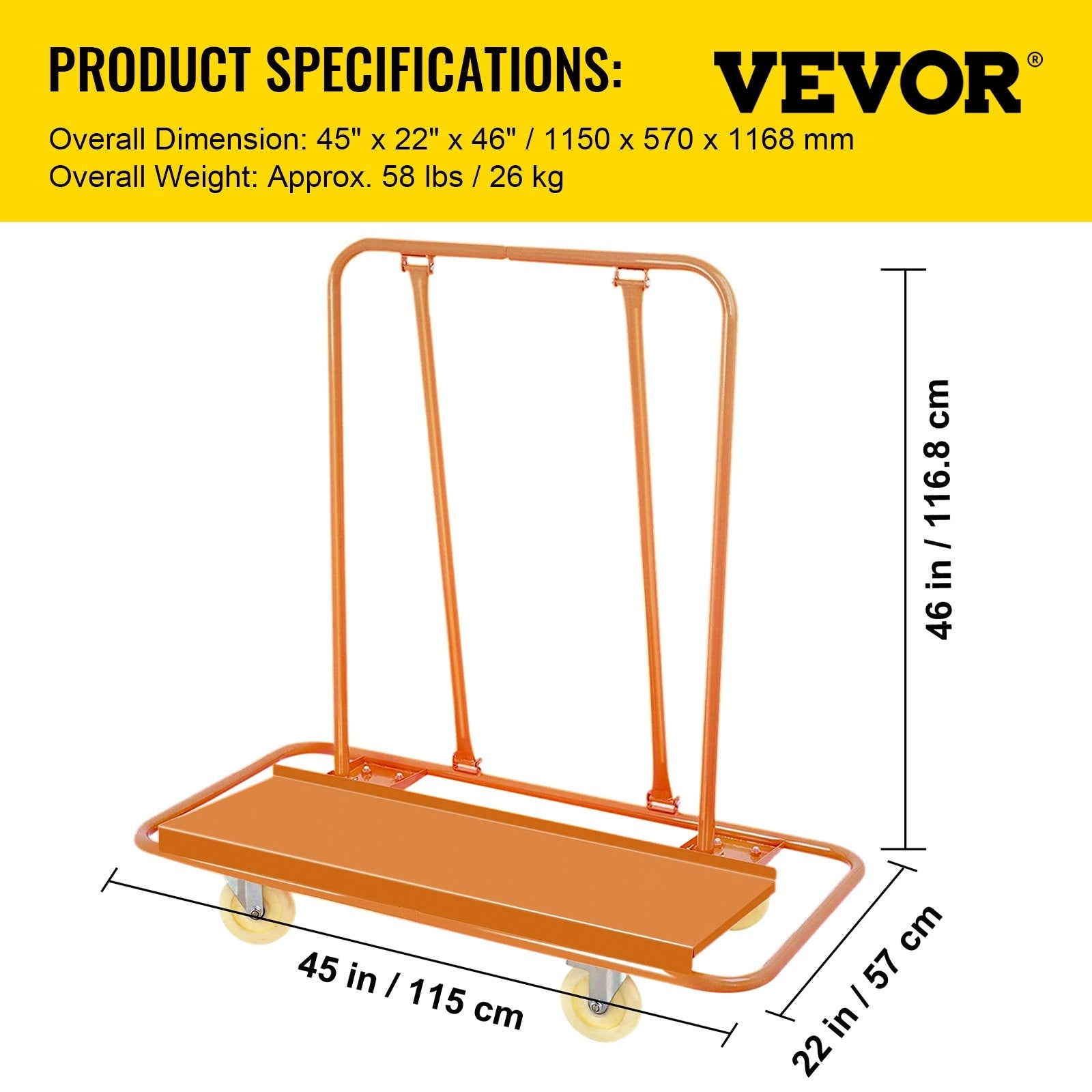 VEVOR Drywall Cart 1600LBS Load Capacity Drywall Cart Dolly Handling Sheetrock Sheet Panel Service Cart Heavy Duty Casters
